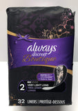Always Discreet frontal del paquete mostrando 32 liners y diseño discreto