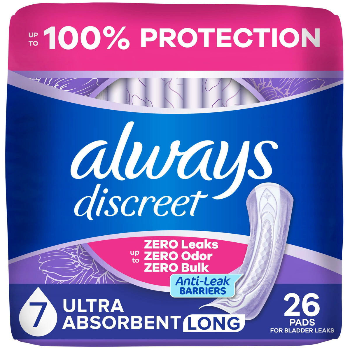 Always Discreet frente del paquete mostrando conteo y longitud, protección discreta