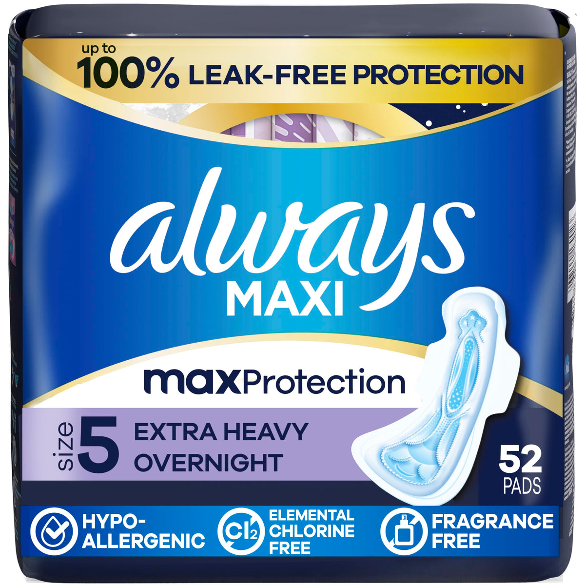 Always maxi empaque frontal que muestra protección nocturna