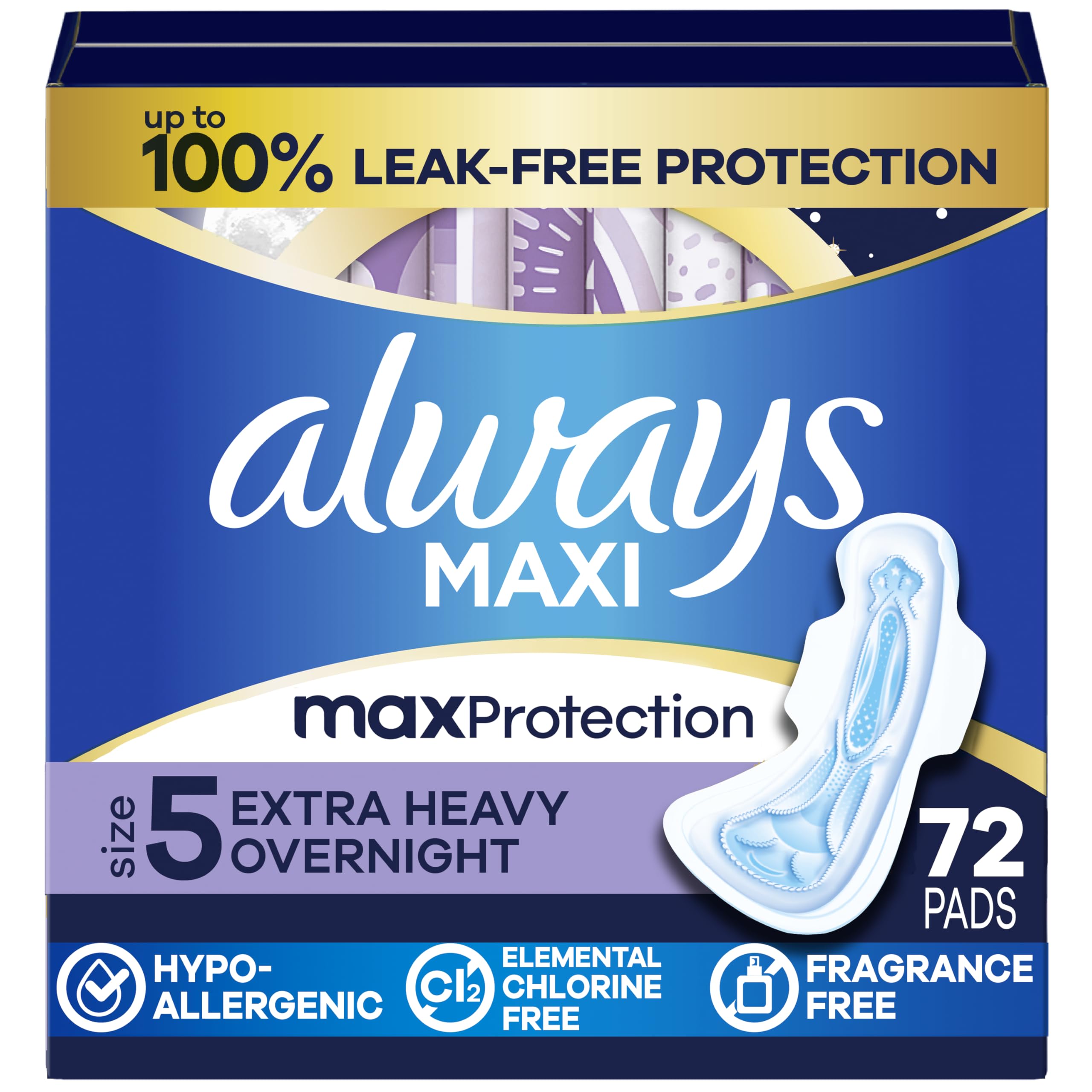 Always paquete frontal 72 unidades muestra protección nocturna confiable
