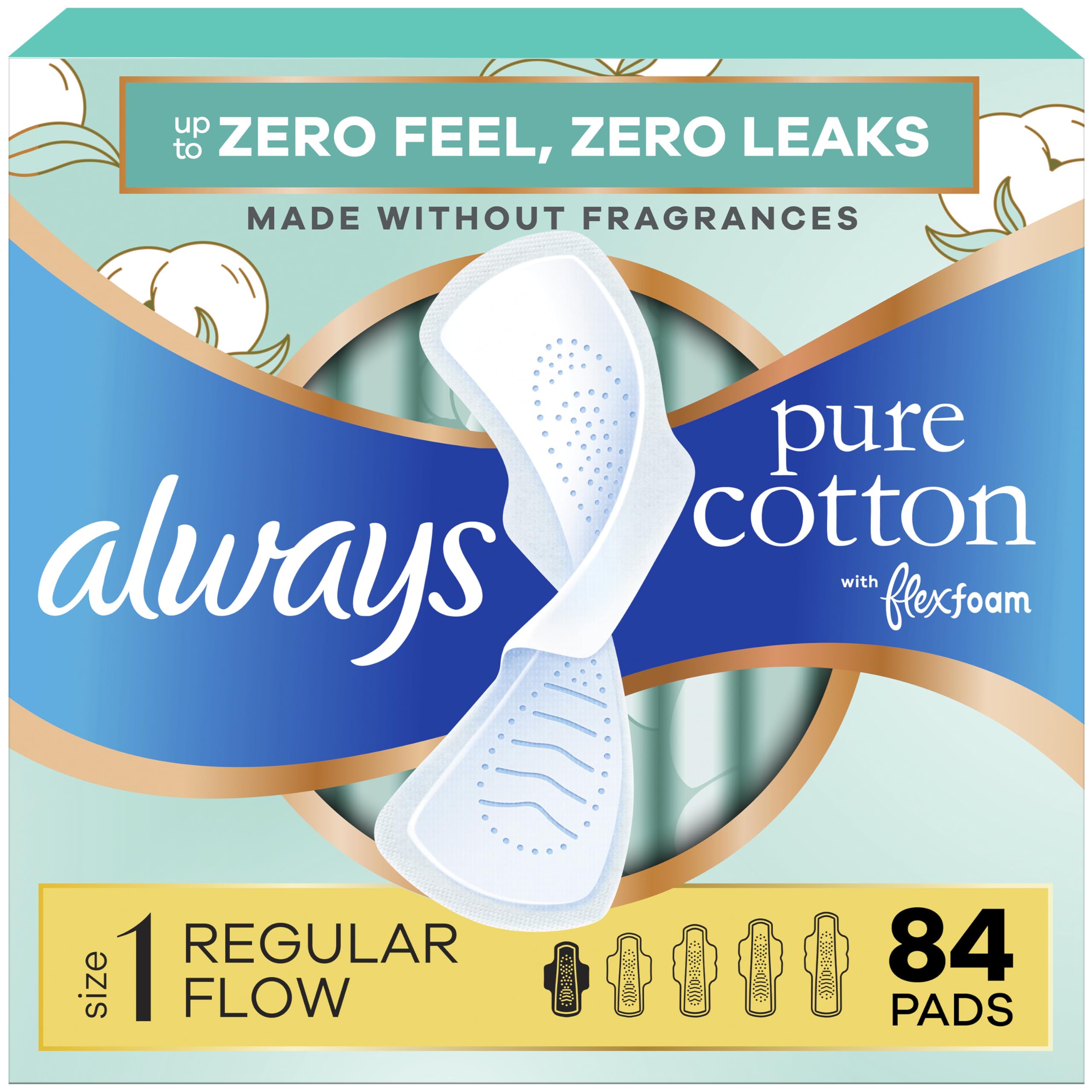 Always Pure Cotton vista frontal del empaque mostrando cantidad y talla con comodidad