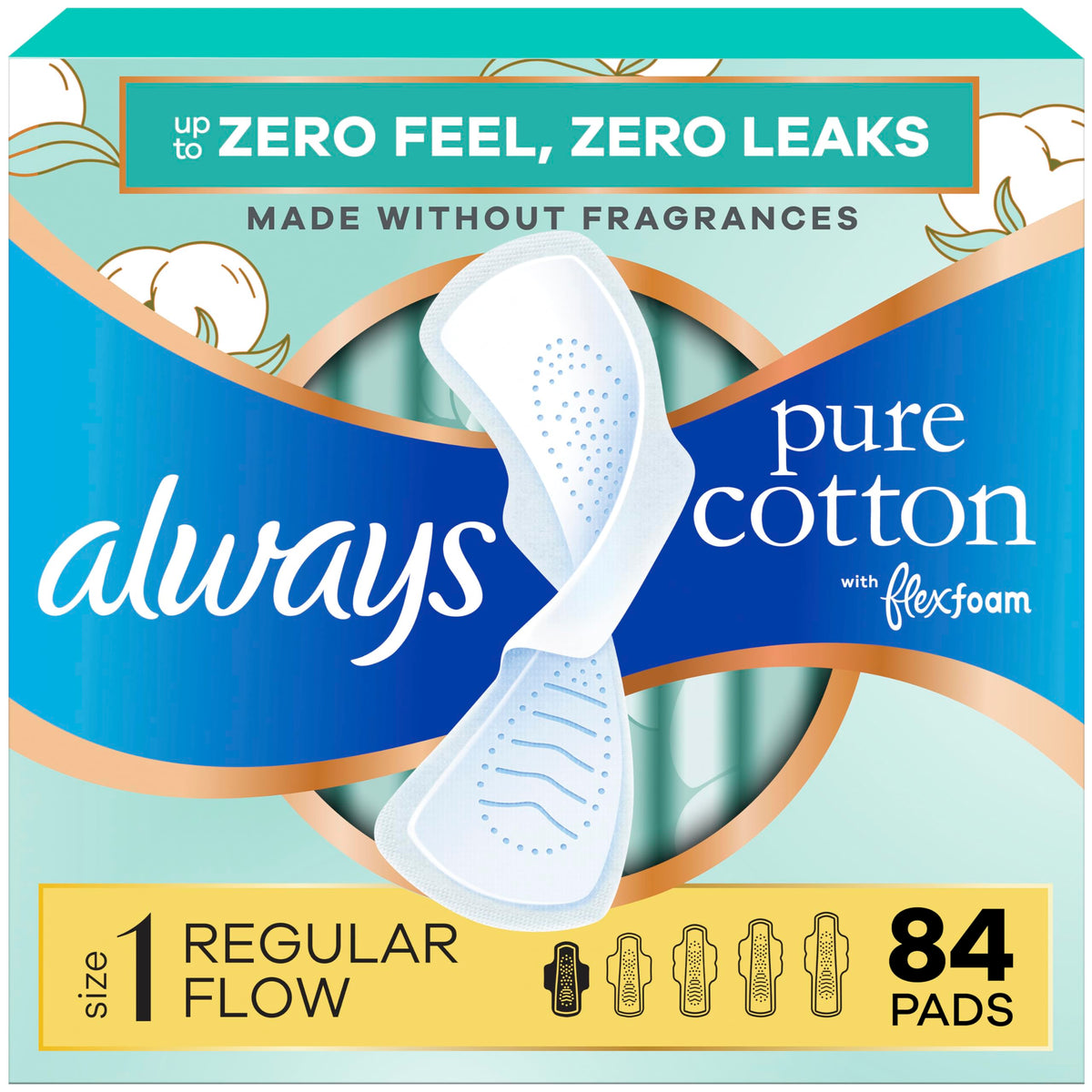Always Pure Cotton vista frontal del empaque mostrando cantidad y talla con comodidad