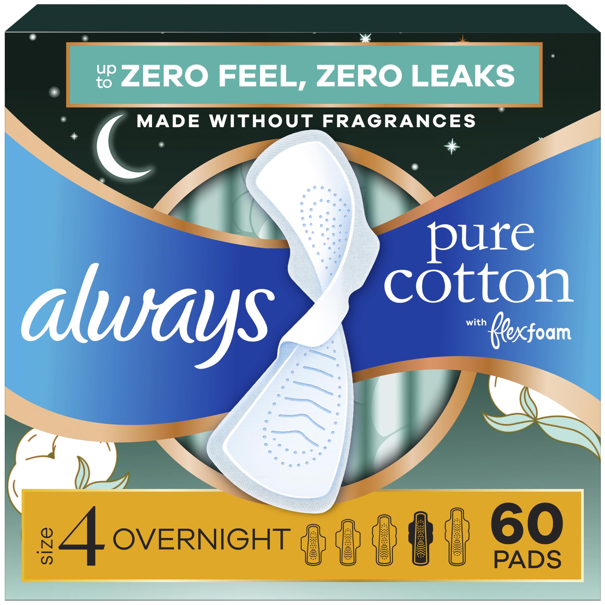 Always Pure Cotton empaque frontal mostrando cantidad y talla, protección nocturna