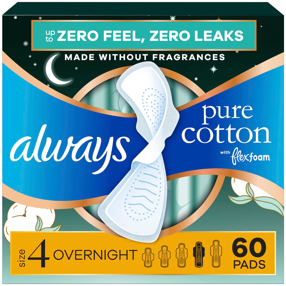 Always Pure Cotton empaque frontal mostrando cantidad y talla, protección nocturna