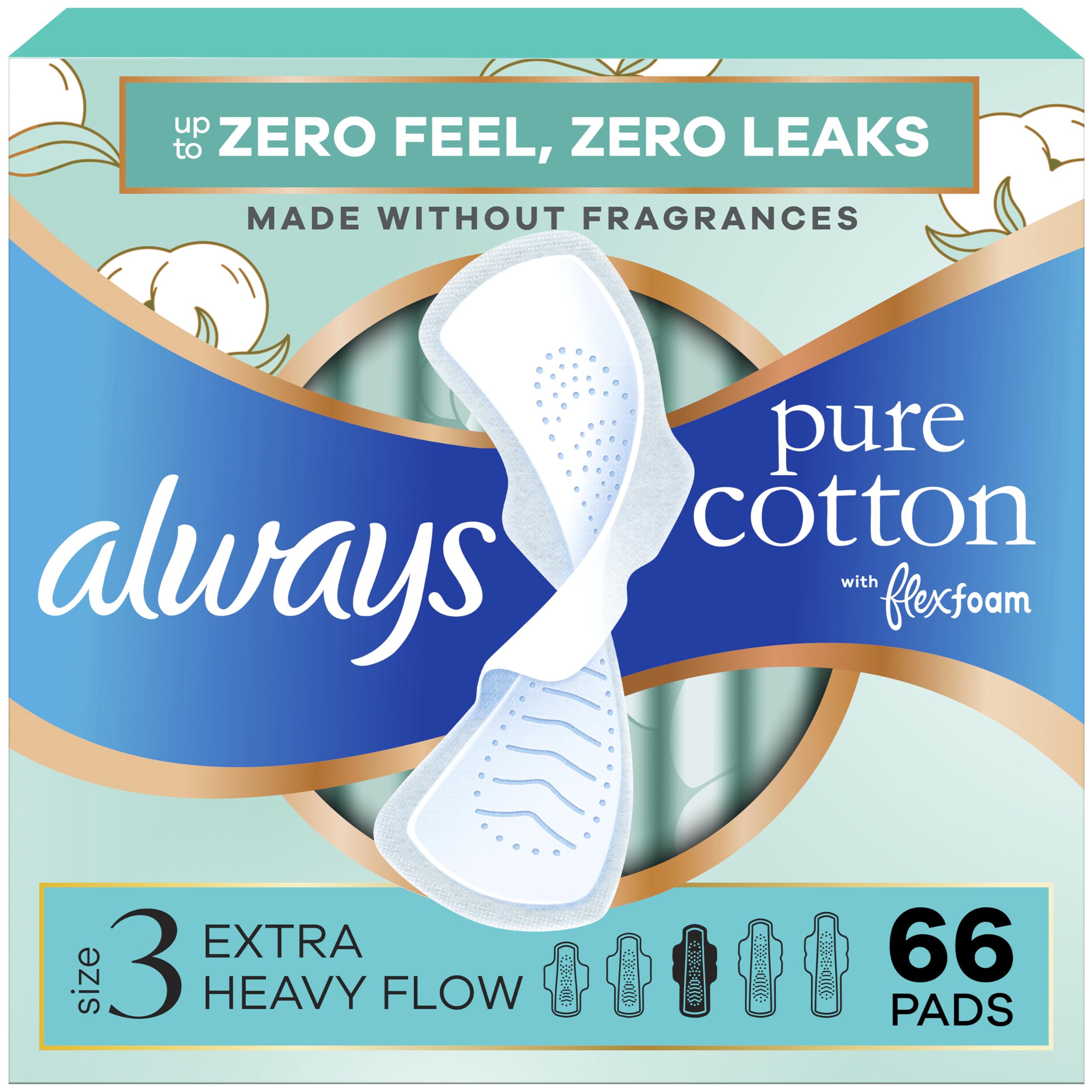 Always Pure Cotton frente del paquete mostrando cantidad y talla, protección visible