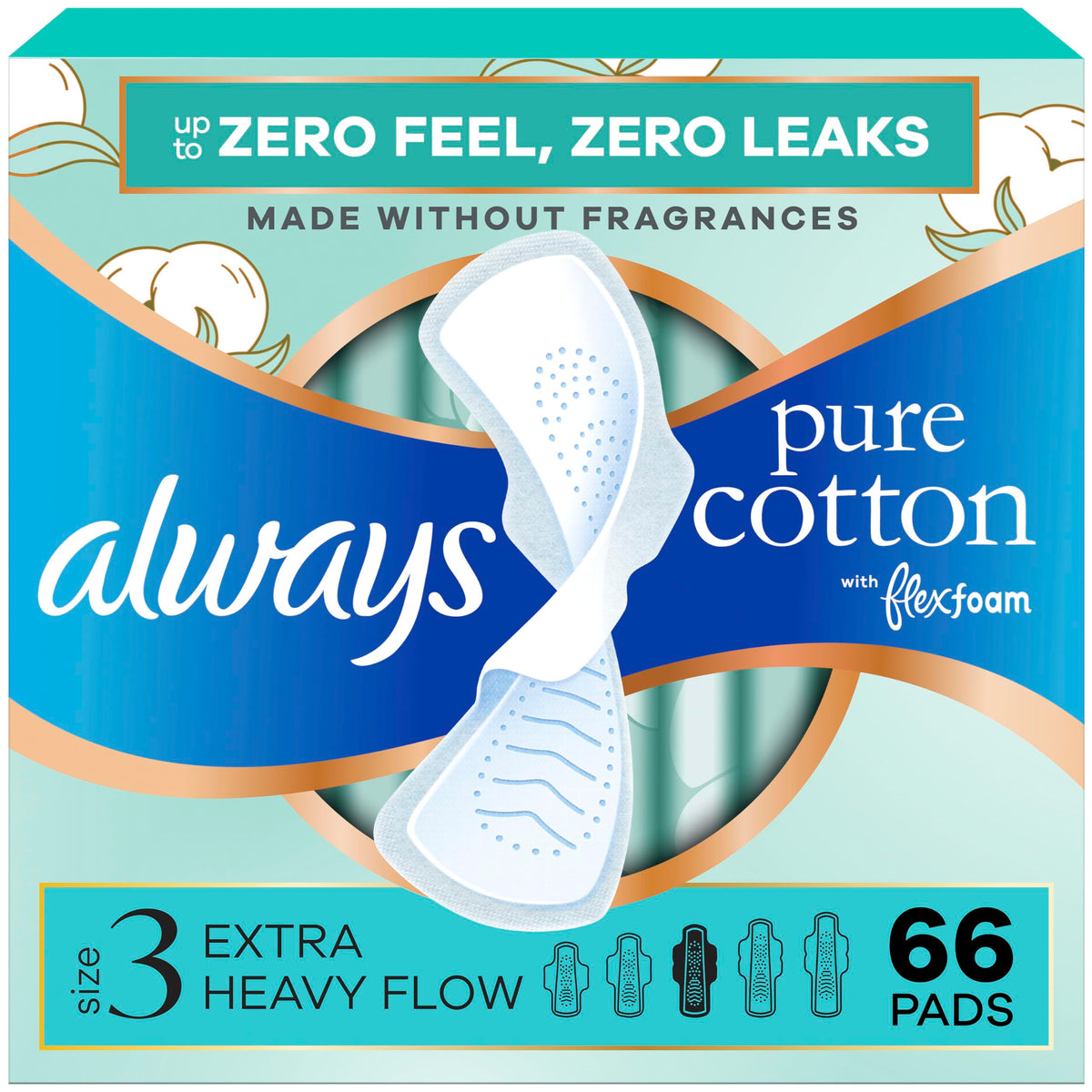 Always Pure Cotton frente del paquete mostrando cantidad y talla, protección visible