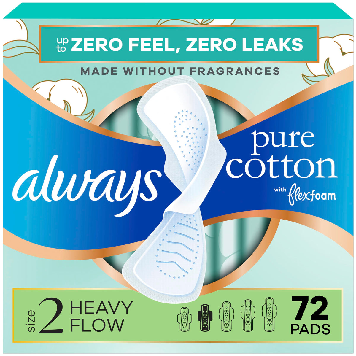 Always Pure Cotton vista frontal del empaquetado con beneficios visibles