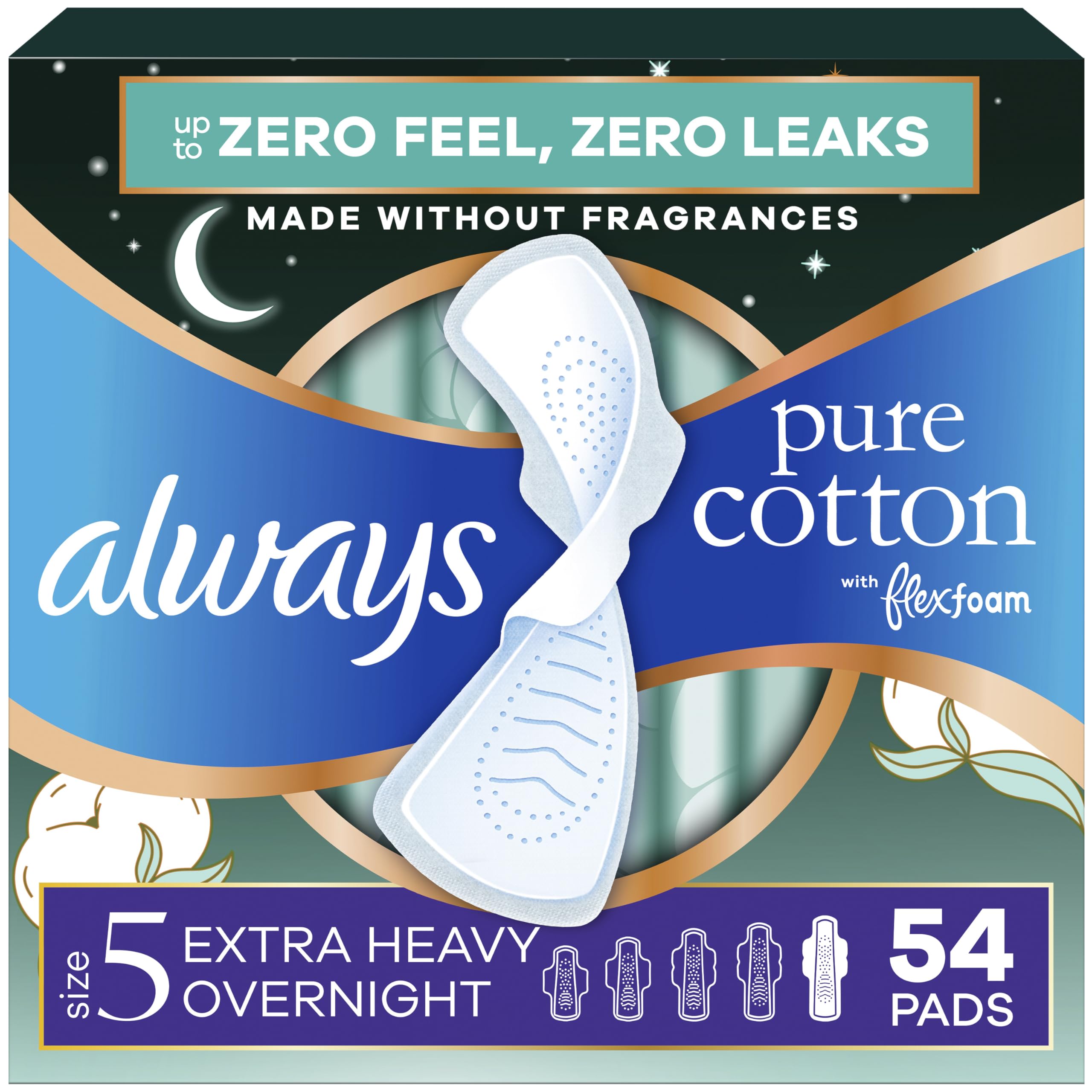 Always Pure Cotton vista frontal del empaque mostrando 54 toallas, compra en volumen