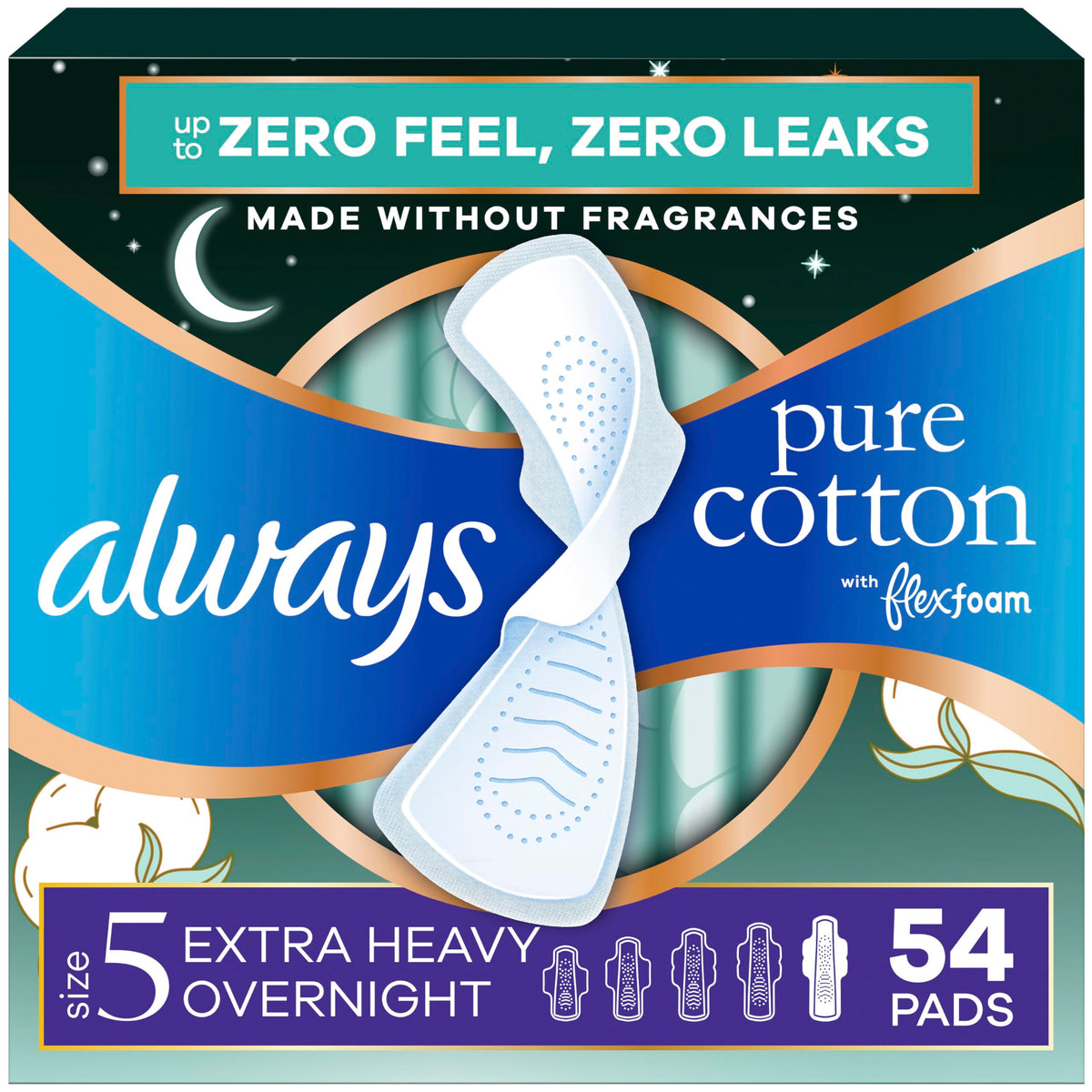 Always Pure Cotton vista frontal del empaque mostrando 54 toallas, compra en volumen
