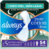 Always Pure Cotton vista frontal del empaque mostrando 54 toallas, compra en volumen