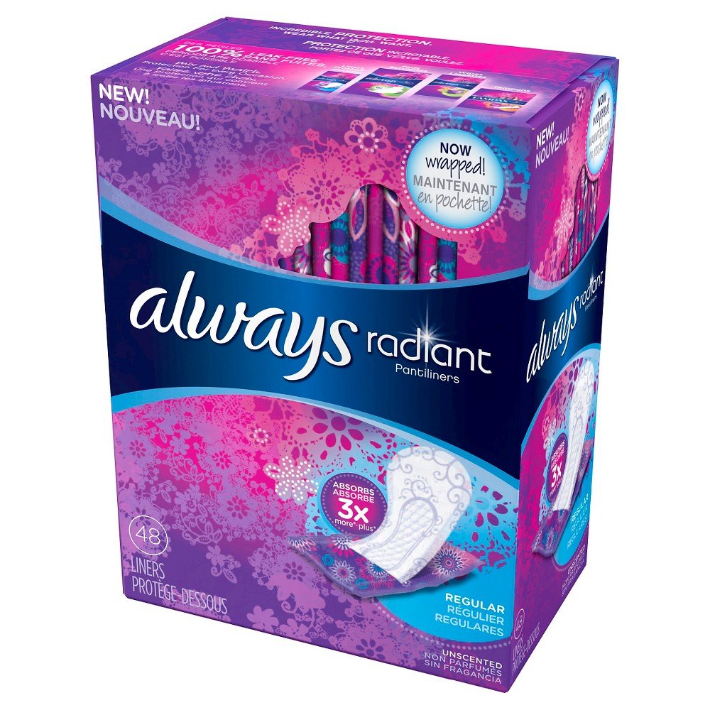 Always Always Radiant Liners vista frontal del paquete, protección absorbente discreta