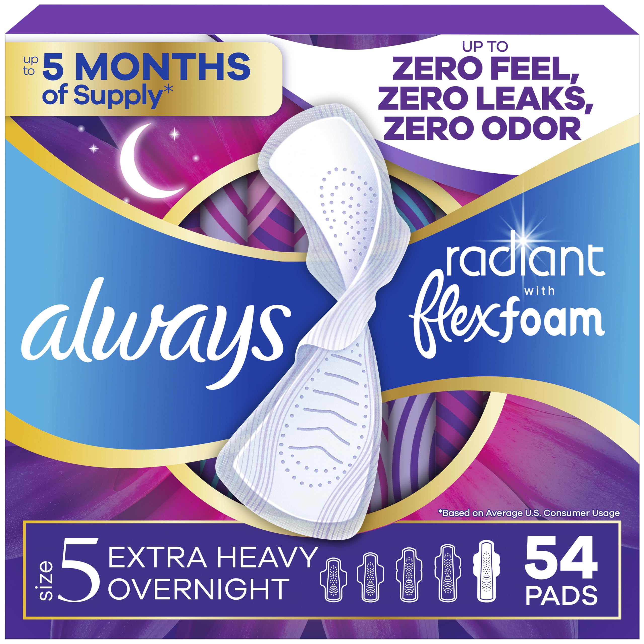 Always Radiant empaque frontal mostrando conteo y diseño, protección nocturna