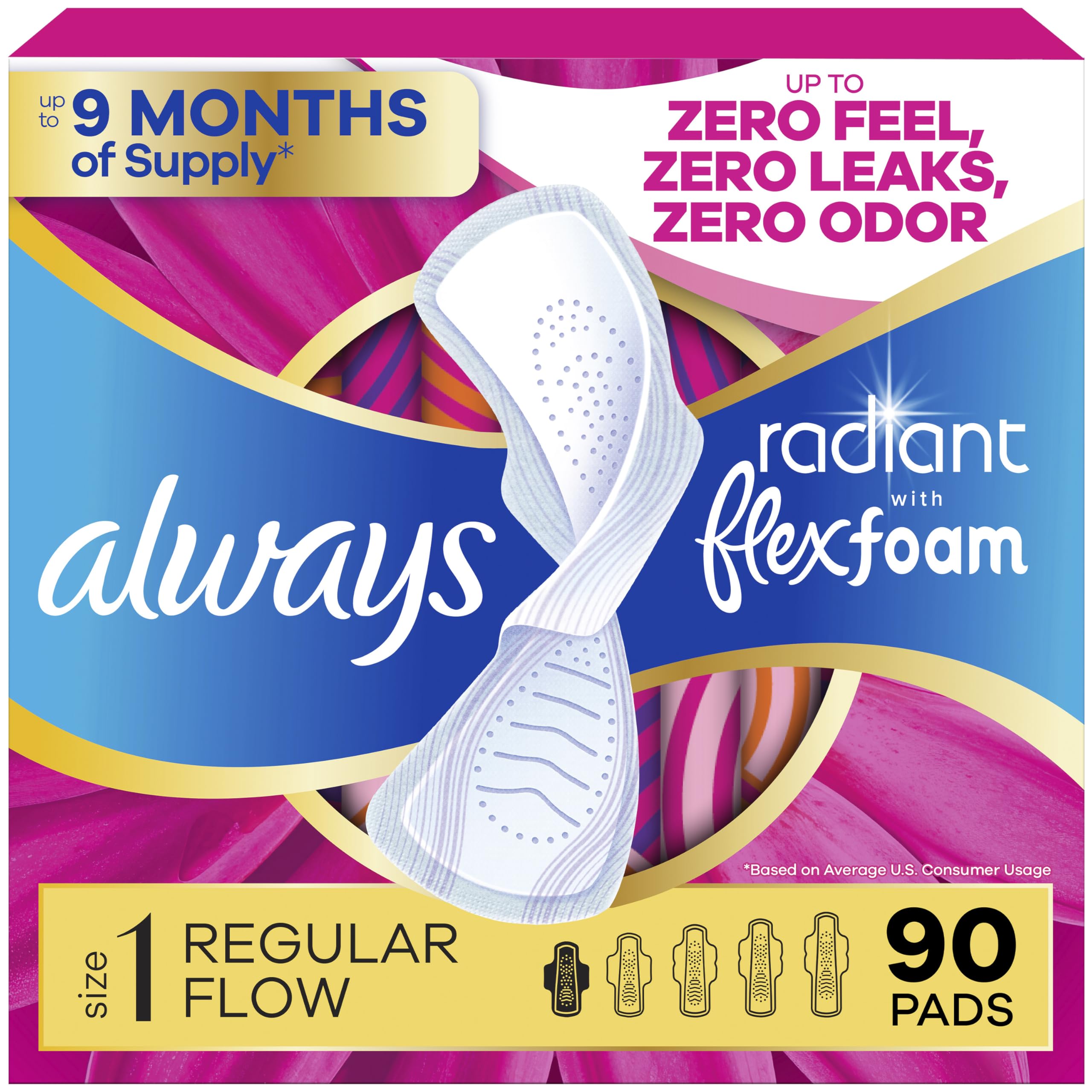 Always Radiant frente del empaque mostrando 90 unidades y marca
