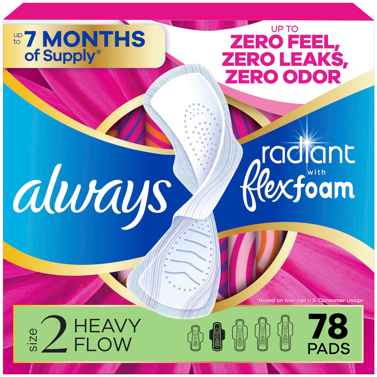 Always Radiant empaque frontal mostrando 78 unidades y beneficios de absorción