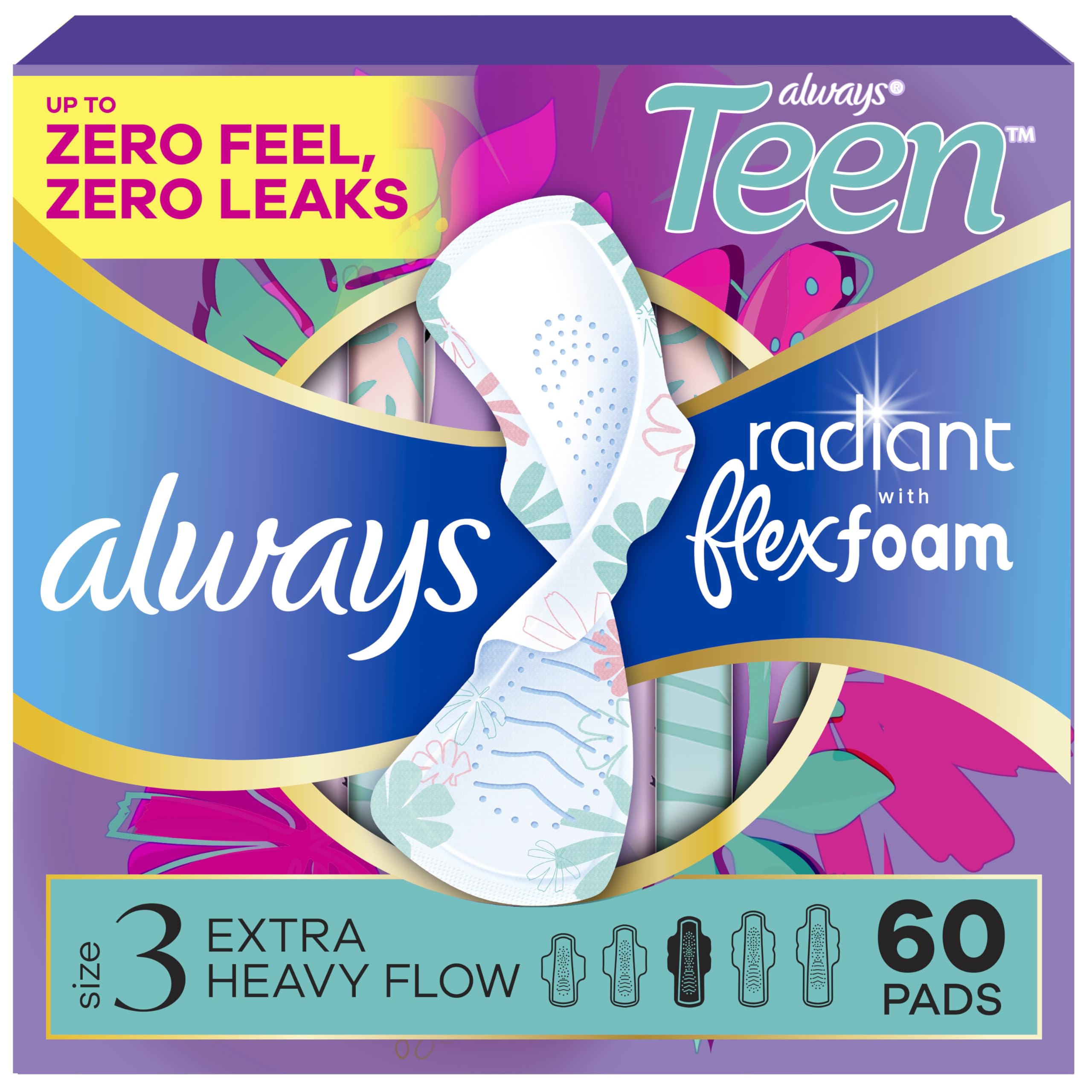 Always Radiant Teen paquete frontal mostrando 60 unidades y conveniencia