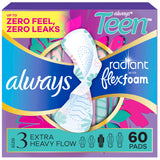 Always Radiant Teen paquete frontal mostrando 60 unidades y conveniencia