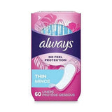 Always Thin frente del empaque que muestra 60 unidades y facilidad de almacenamiento