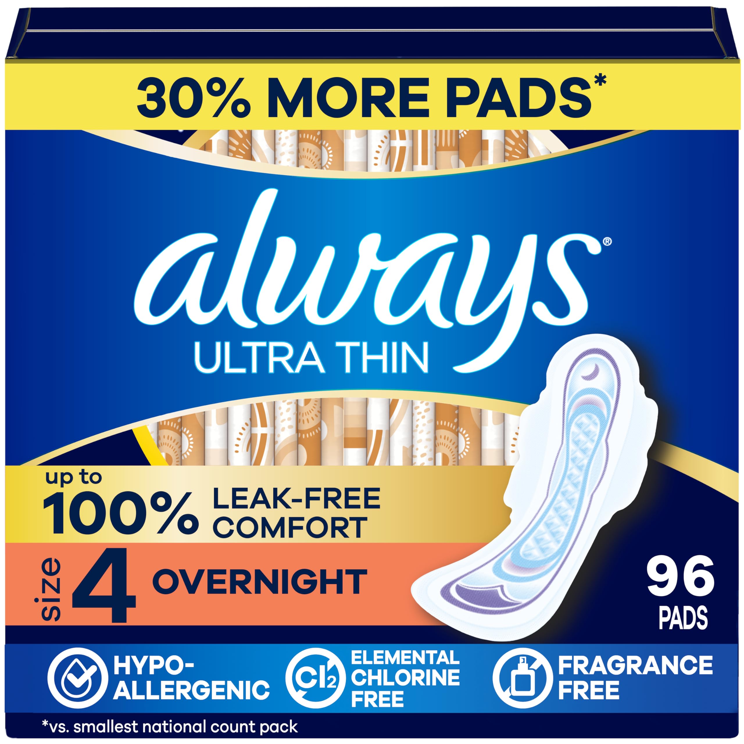 Always Ultra Thin frente del empaque mostrando 96 unidades y beneficios