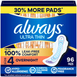 Always Ultra Thin frente del empaque mostrando 96 unidades y beneficios