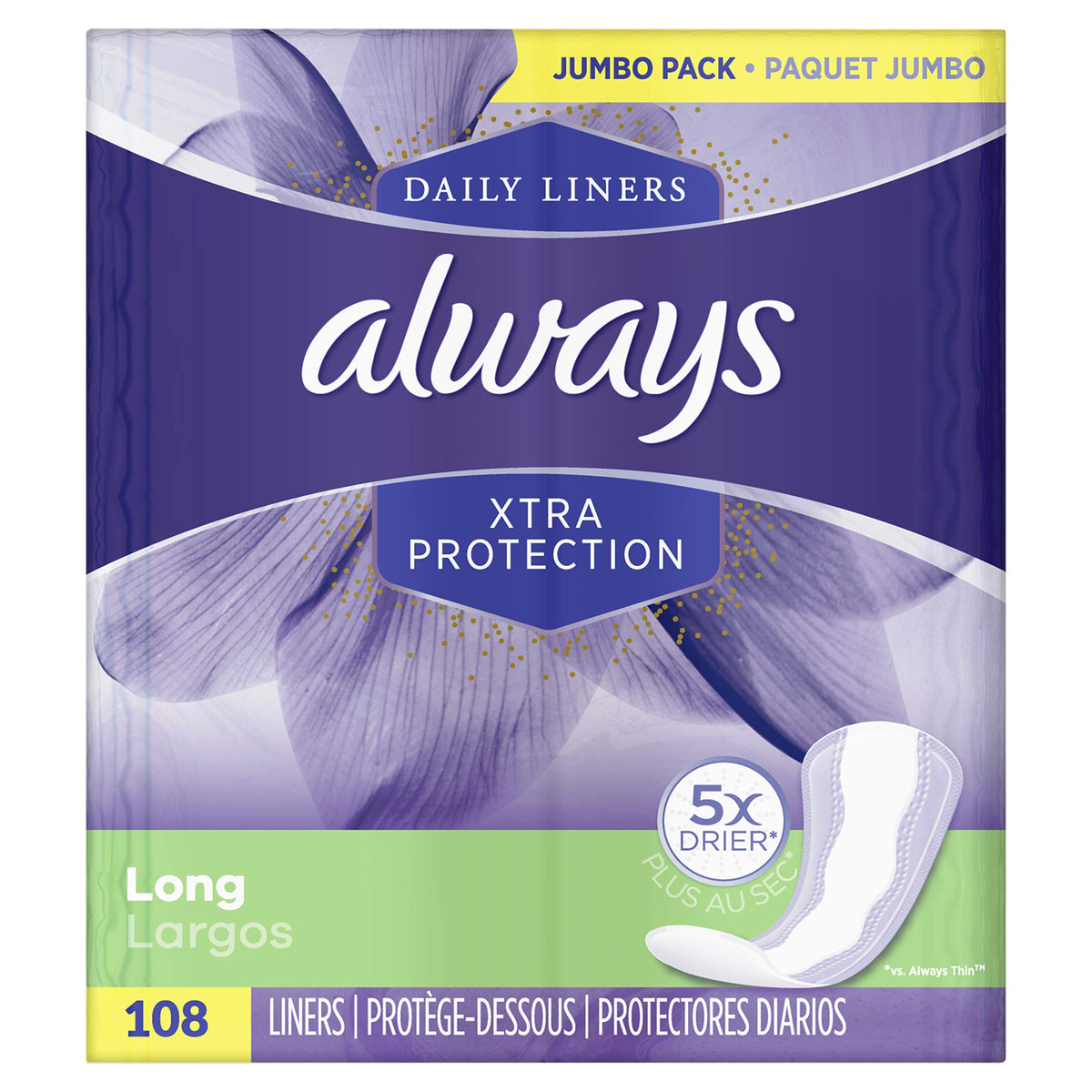 Always paquete frontal mostrando cantidad y diseño, protección confiable