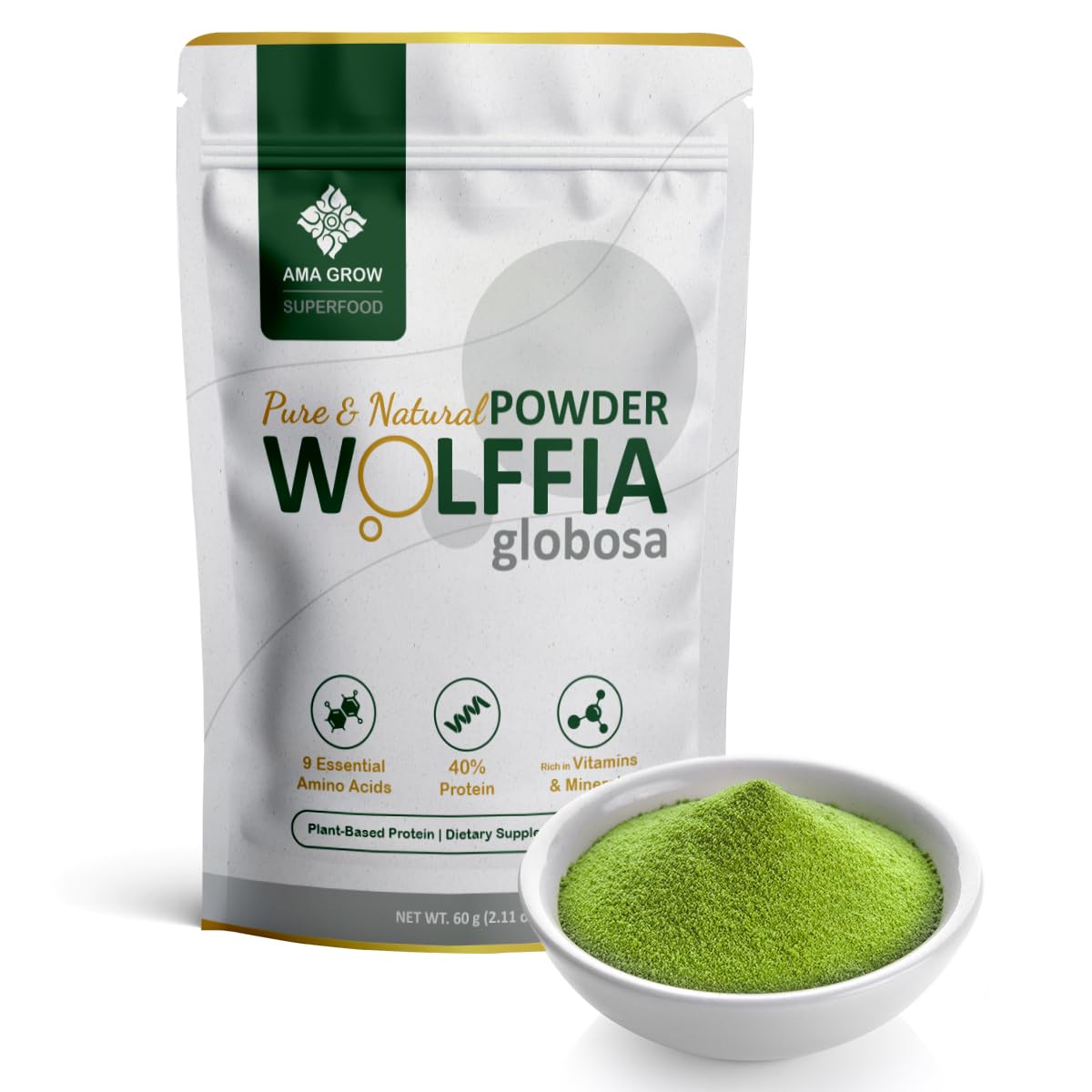 AMA GROW paquete frontal de Wolffia globosa, presentación clara y beneficios nutricionales