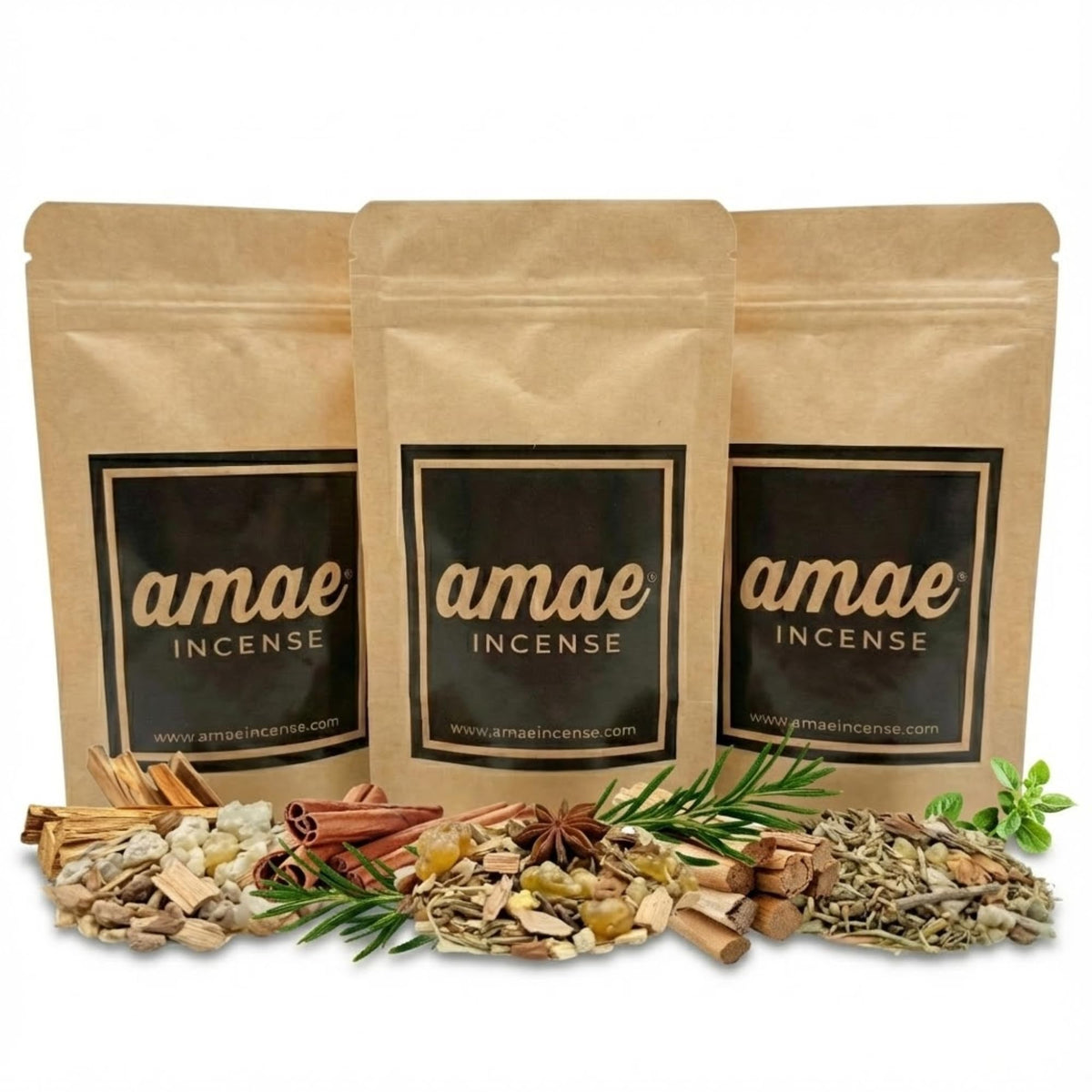amae INCENSE empaque frontal del trío muestra tres porciones, ventaja regalo