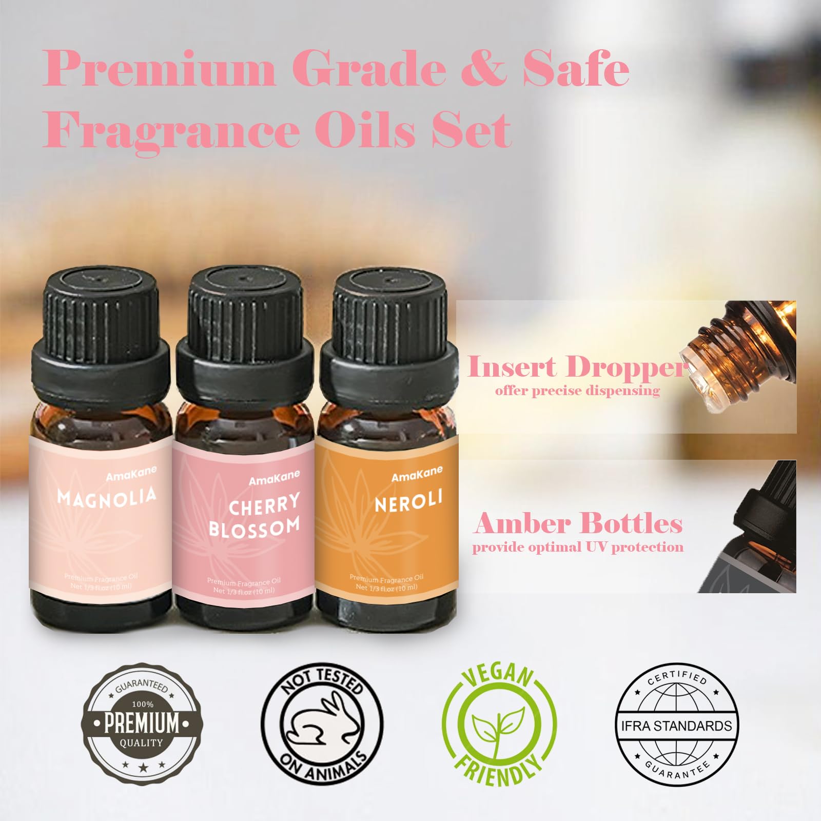 AmaKane etiqueta del frasco con lista de fragancias y beneficios