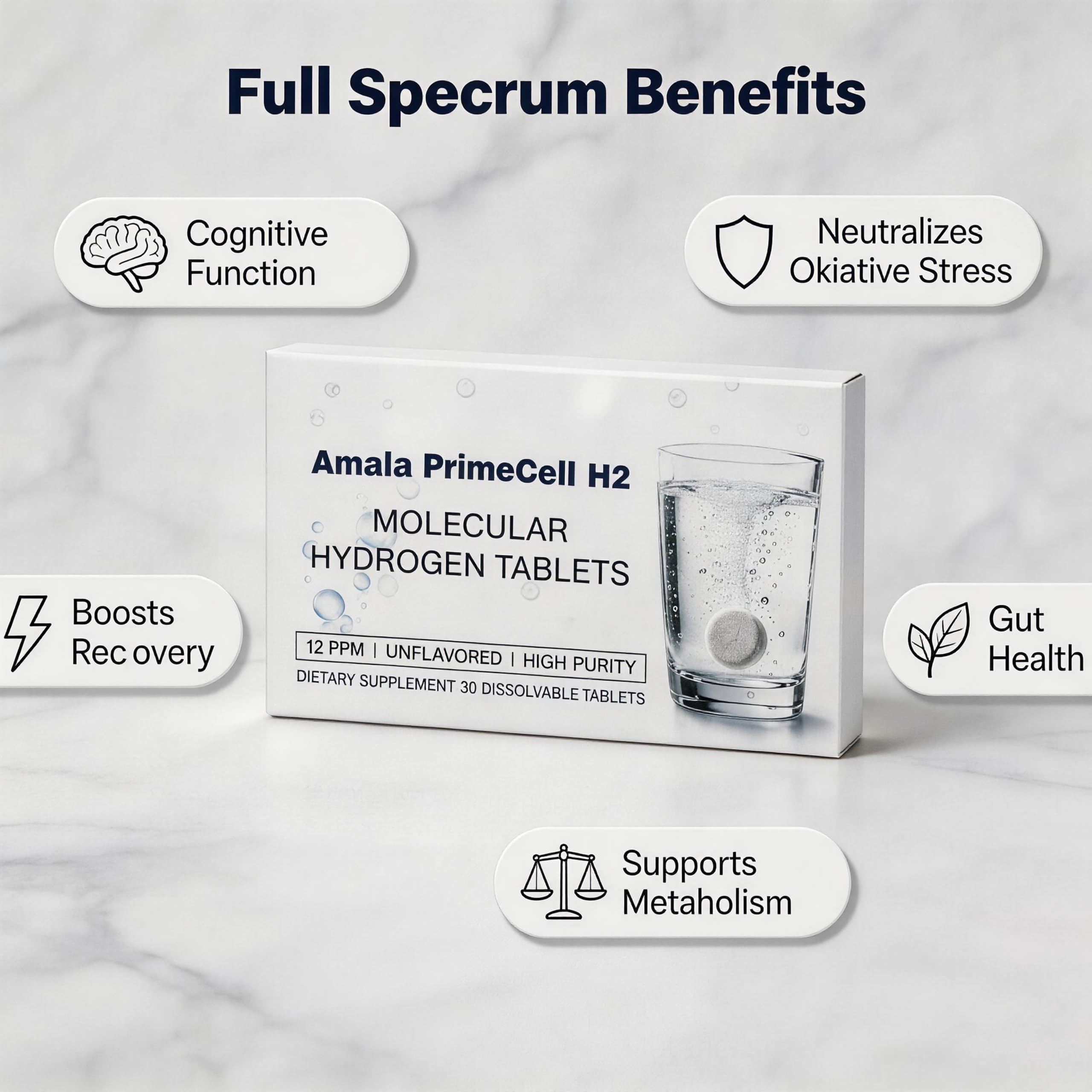 Amala PrimeCell H2 tableta disolviéndose en un vaso para hidratación rápida