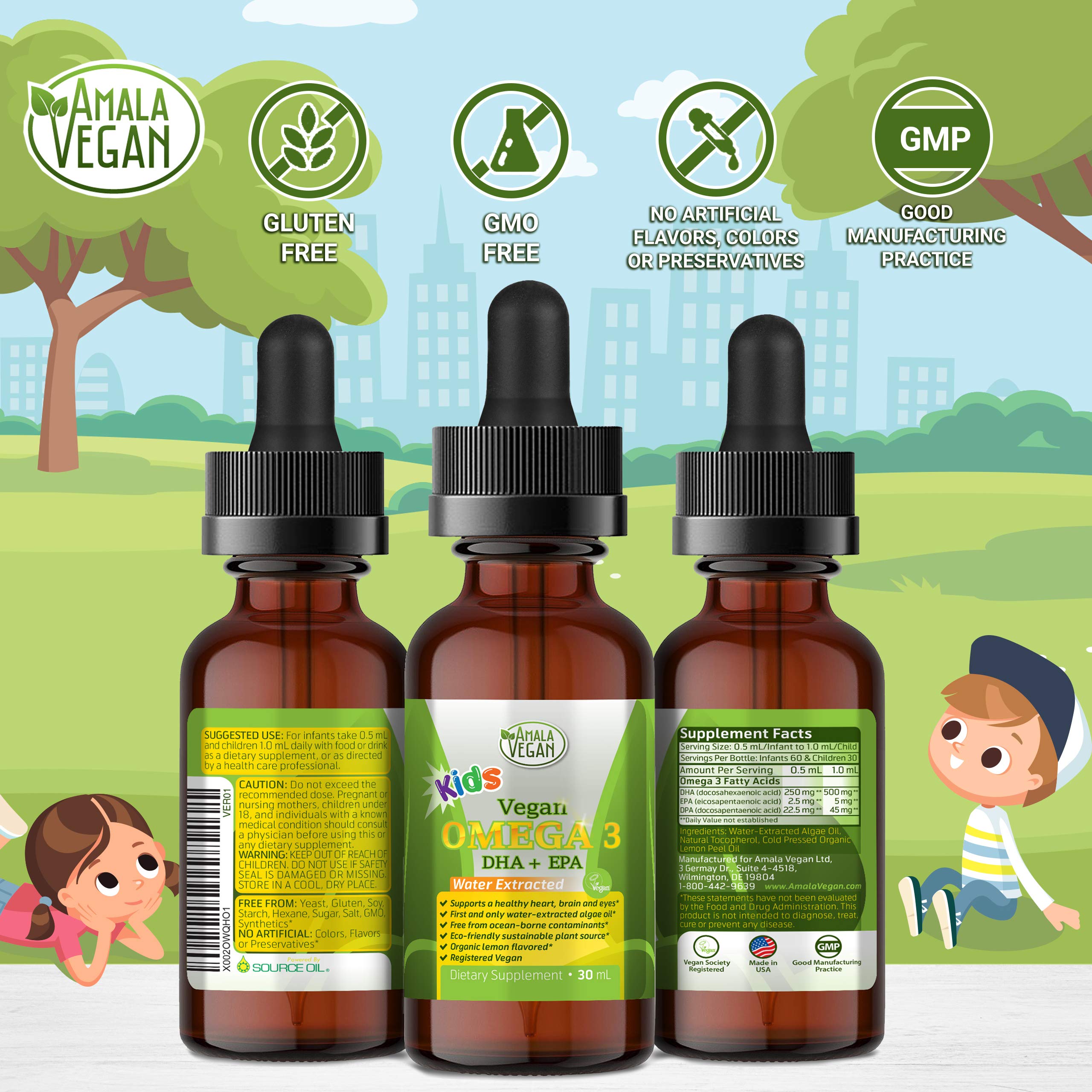 Amala Vegan niño tomando suplemento con aceptación y sabor limón