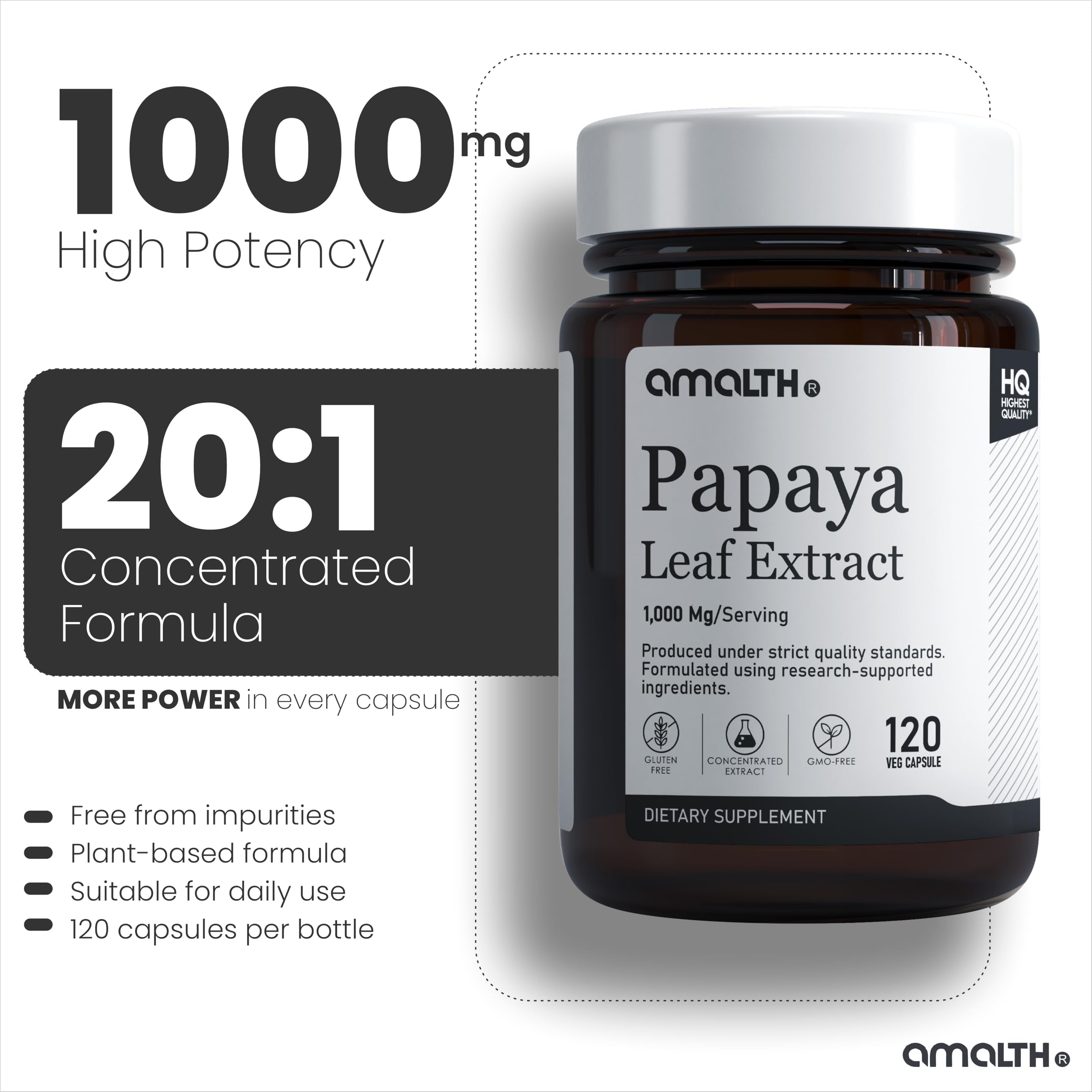 AMALTH cápsula abierta con polvo de hoja de papaya y soporte digestivo