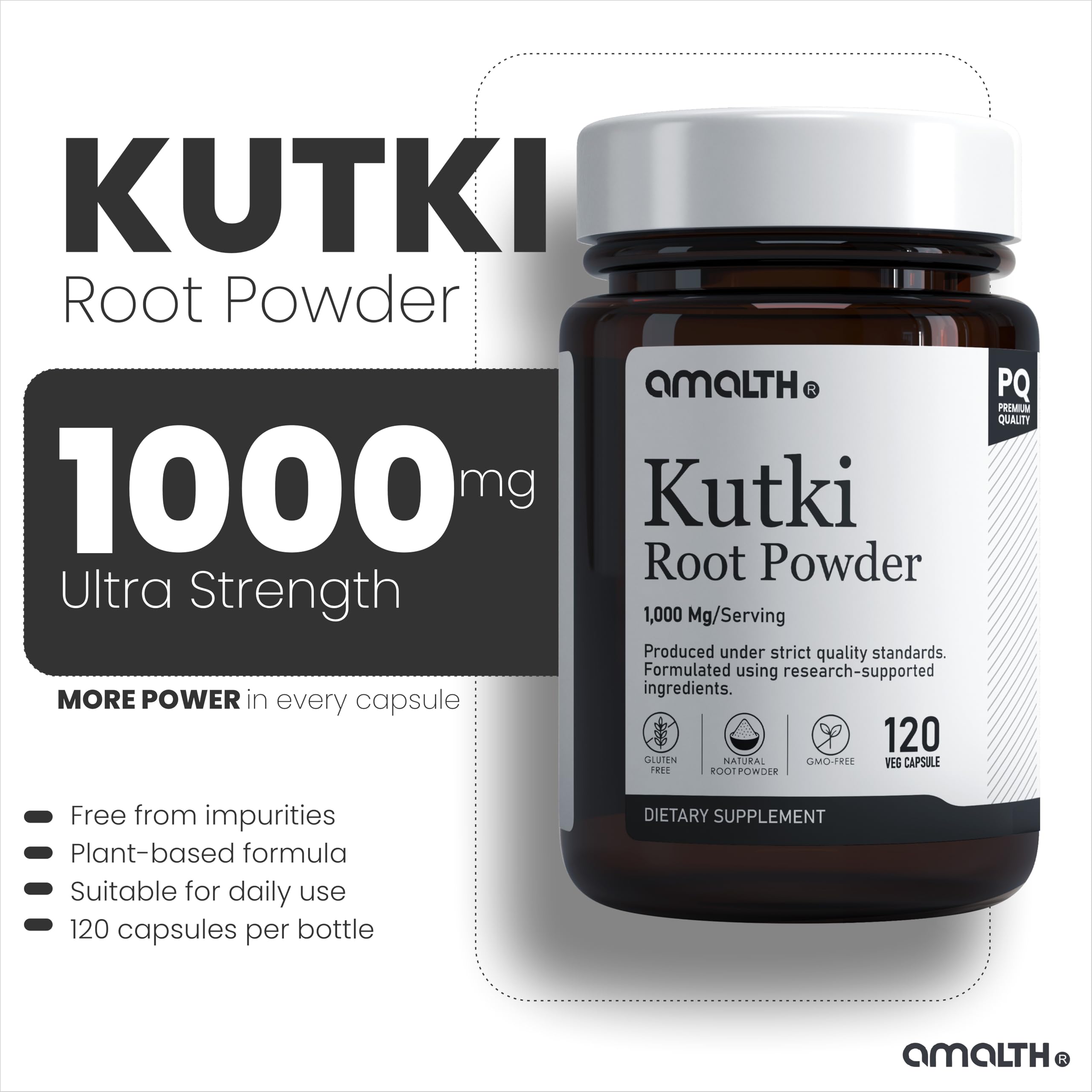 AMALTH raíz de kutki en primer plano mostrando fuente botánica del extracto