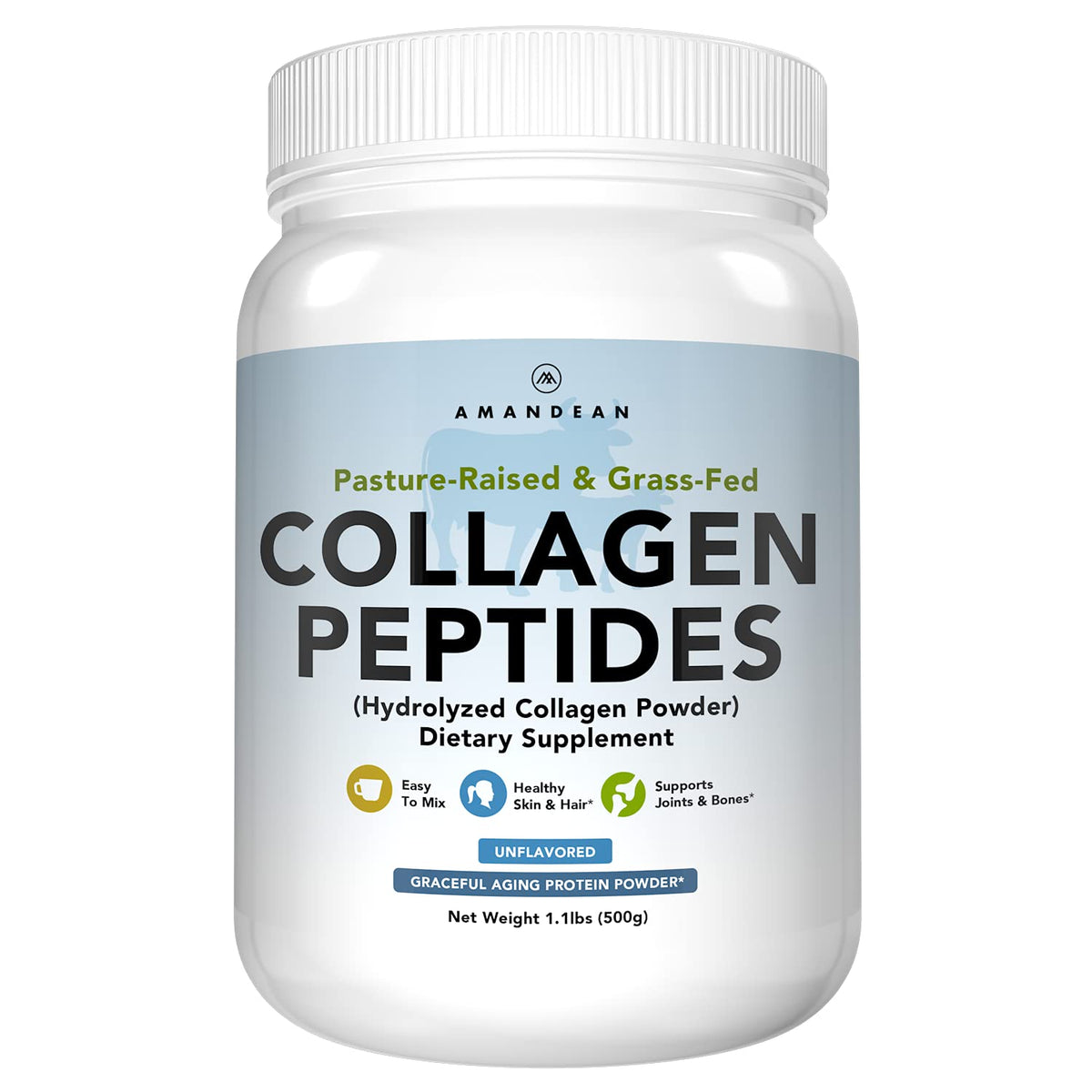 AMANDEAN envase frontal del colágeno 500g mostrando etiqueta clara y beneficio de solubilidad