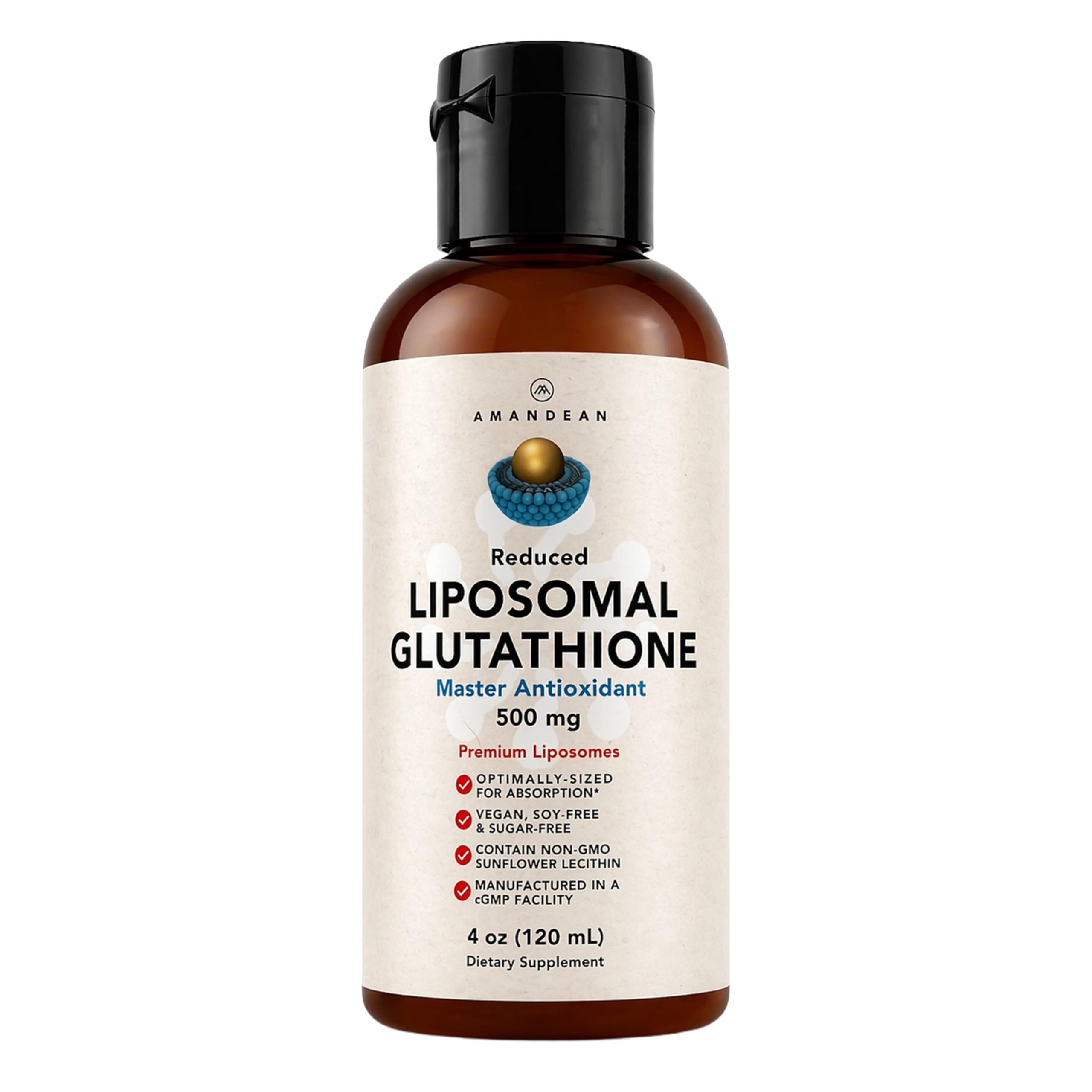 AMANDEAN frasco frontal mostrando glutatión liposomal y beneficio de máxima absorción