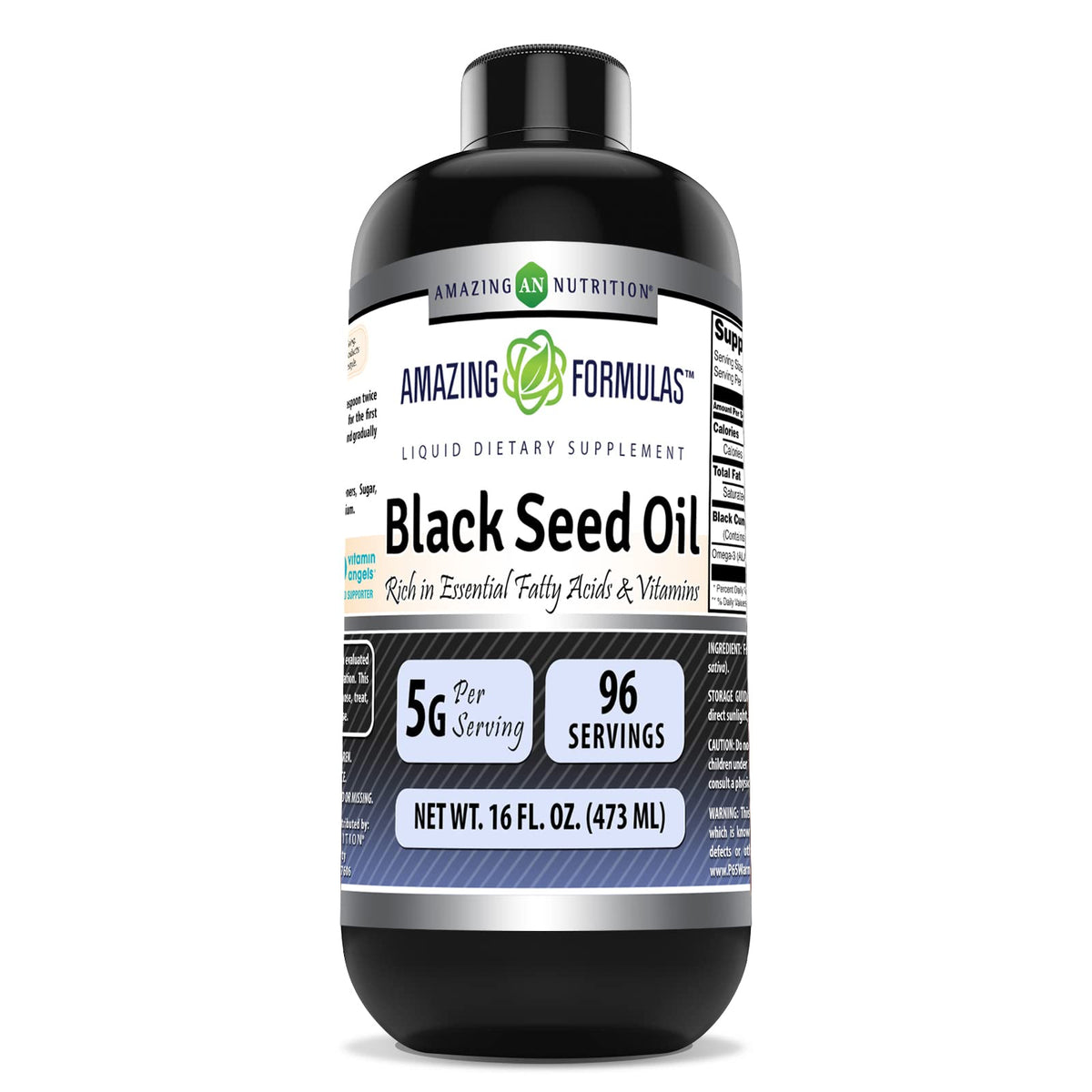 Amazing Nutrition botella frontal mostrando aceite de semilla negra y claridad del producto