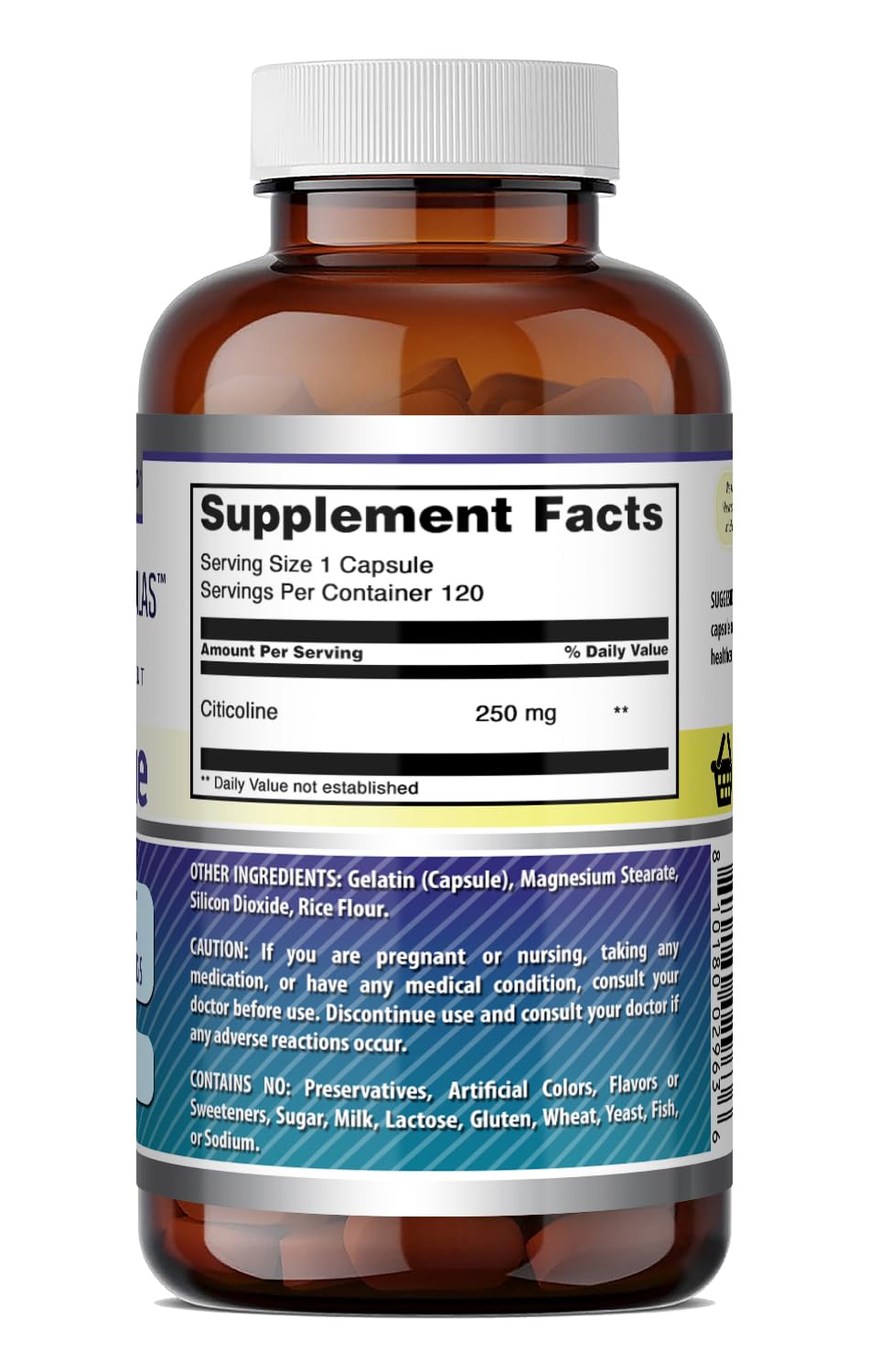Amazing Nutrition etiqueta nutricional ampliada mostrando 250 mg por cápsula y certificaciones