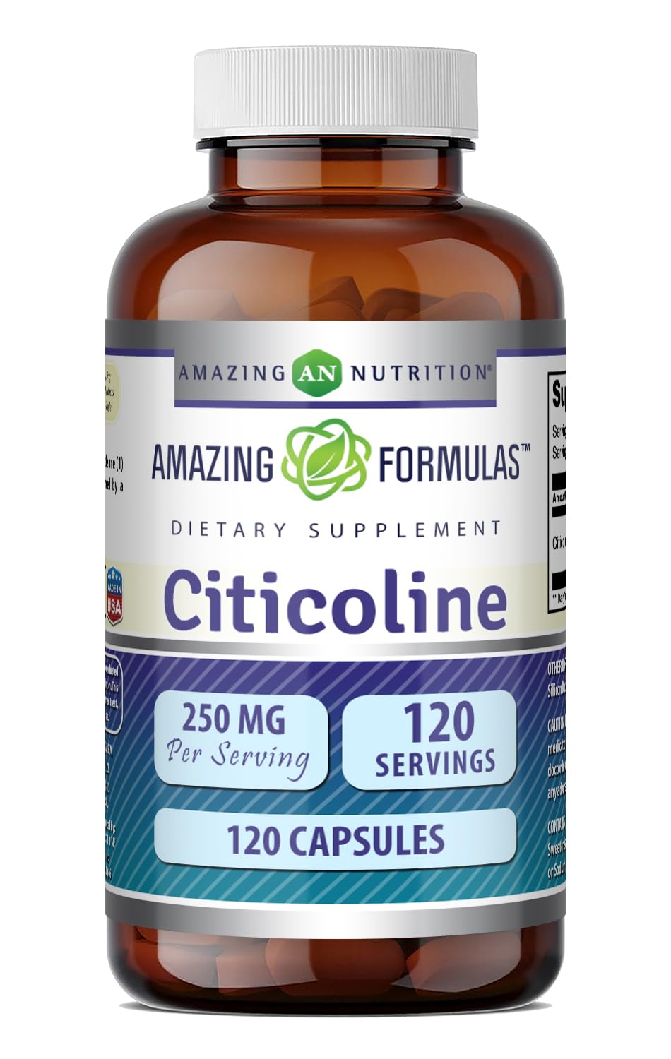 Amazing Nutrition frasco frontal mostrando citicolina 250 mg y beneficios visibles