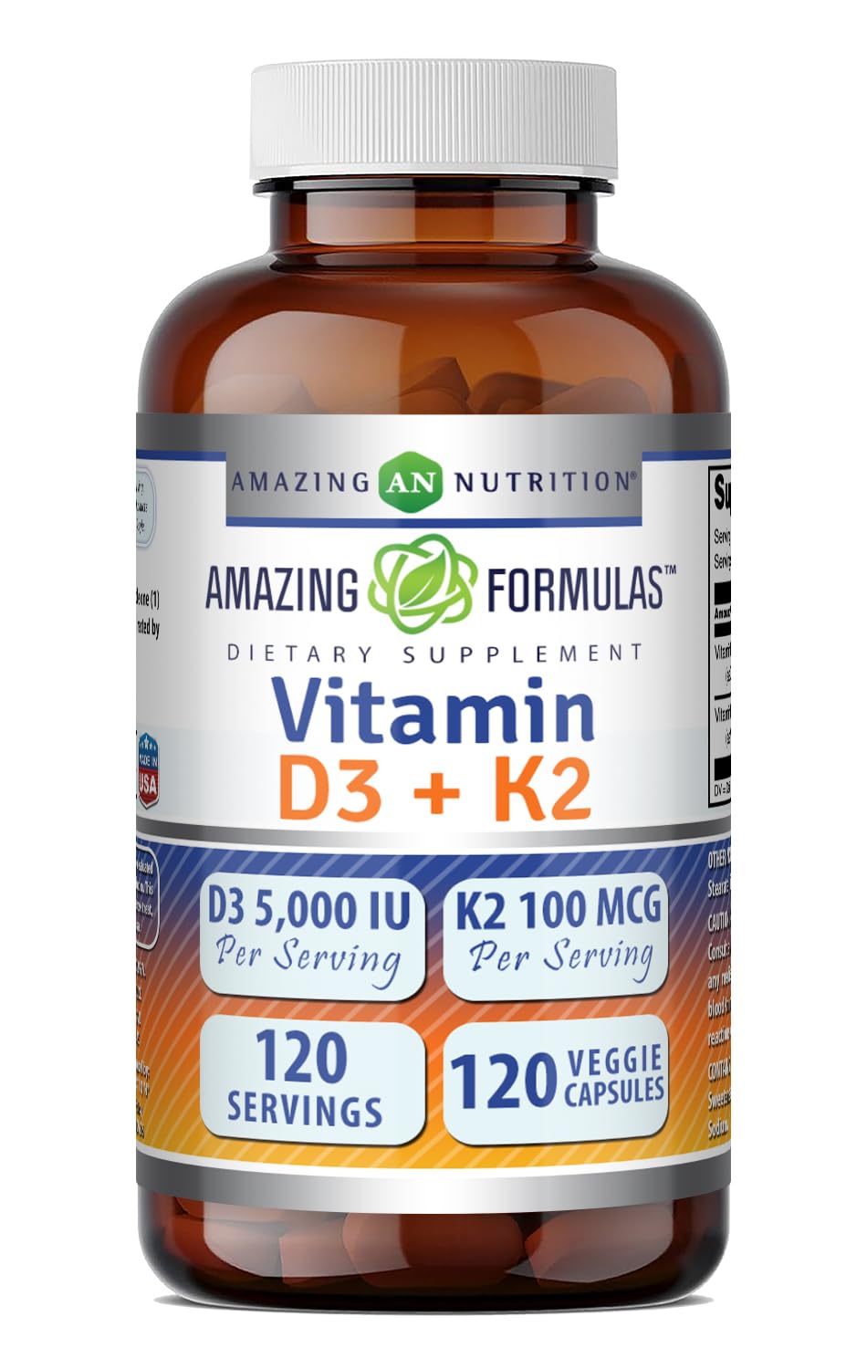 Amazing Nutrition frasco frontal mostrando 120 cápsulas y detalles de etiqueta útil