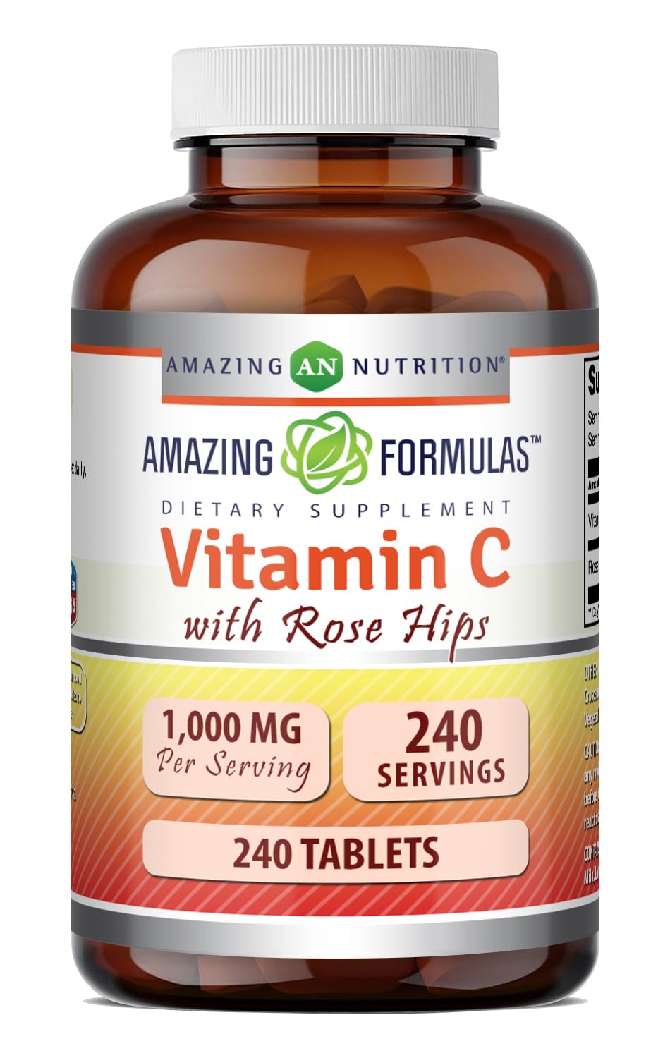 Amazing Nutrition frasco frente mostrando 240 tabletas y beneficios de suministro prolongado
