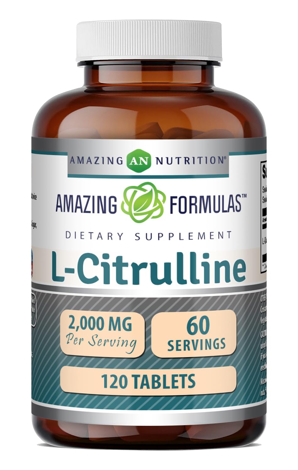 Amazing Nutrition frasco frontal mostrando 120 tabletas y beneficios de dosificación