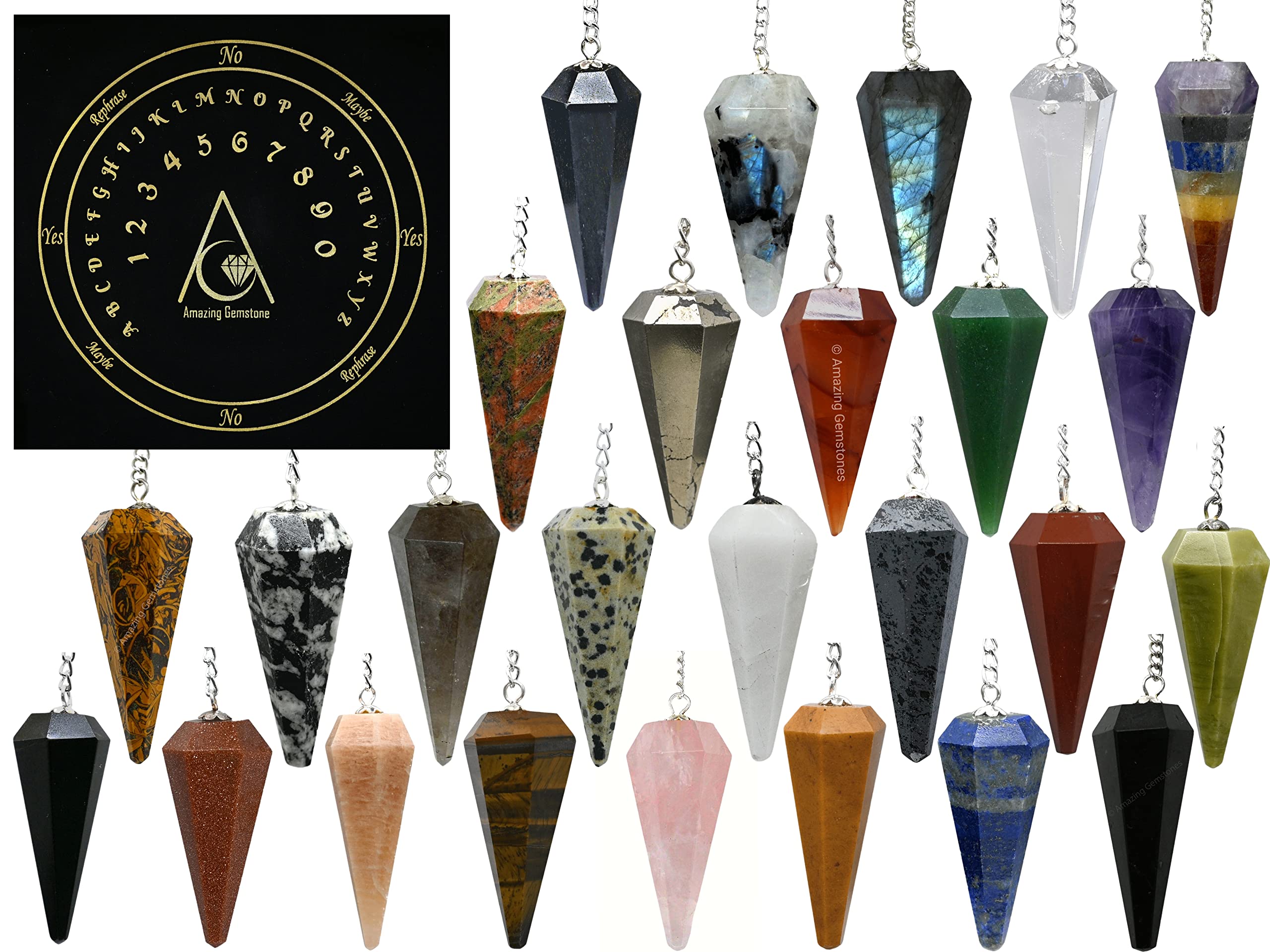 Amazing Gemstone empaque frontal mostrando 11 péndulos, ideal para venta