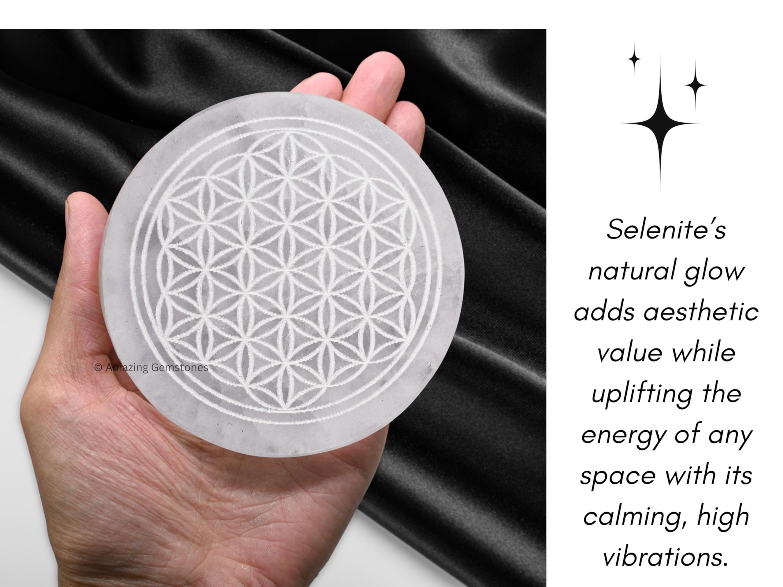 Amazing Gemstone primer plano del grabado Flor de la Vida en la superficie de selenita