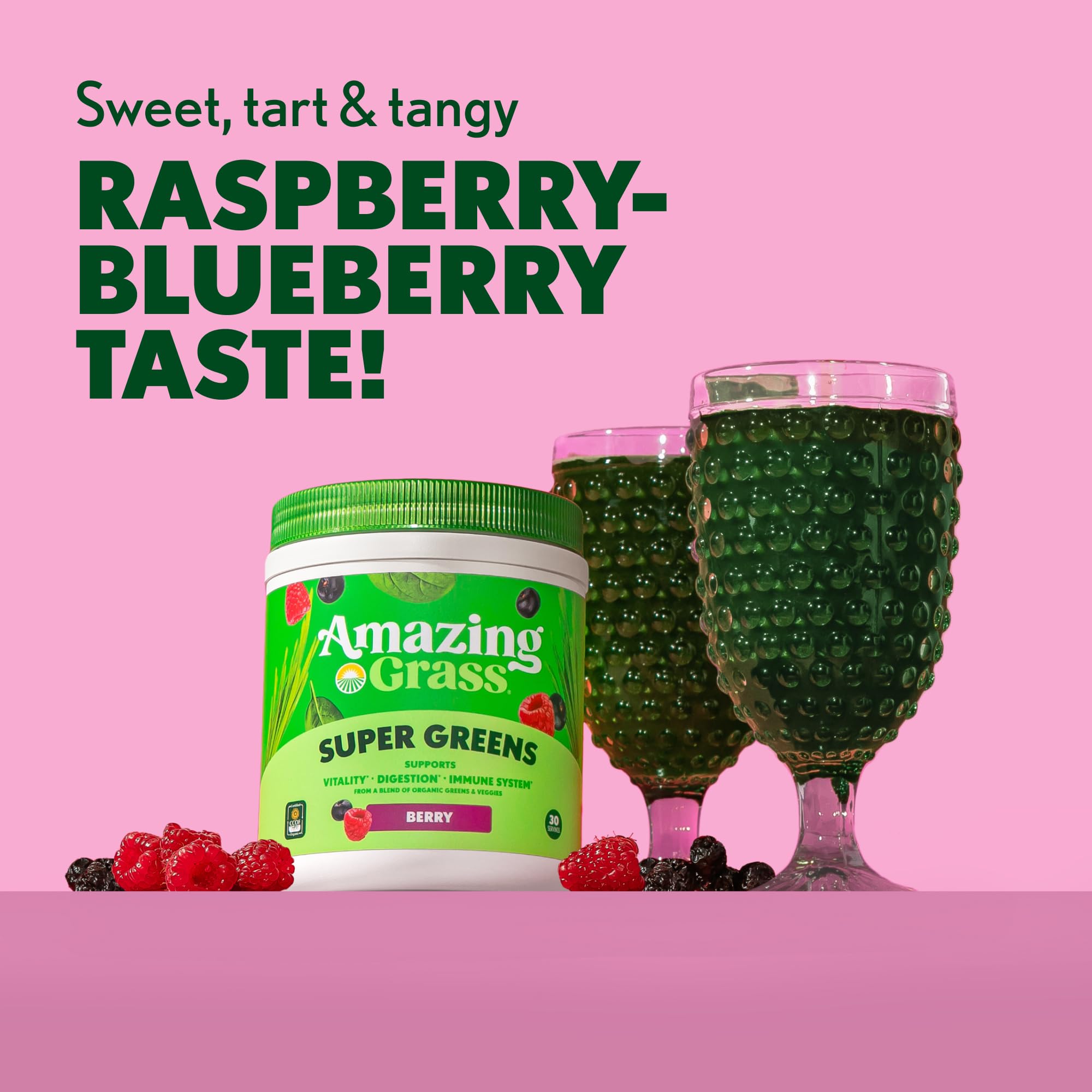 Amazing Grass batido berry preparado como desayuno nutritivo y sabroso