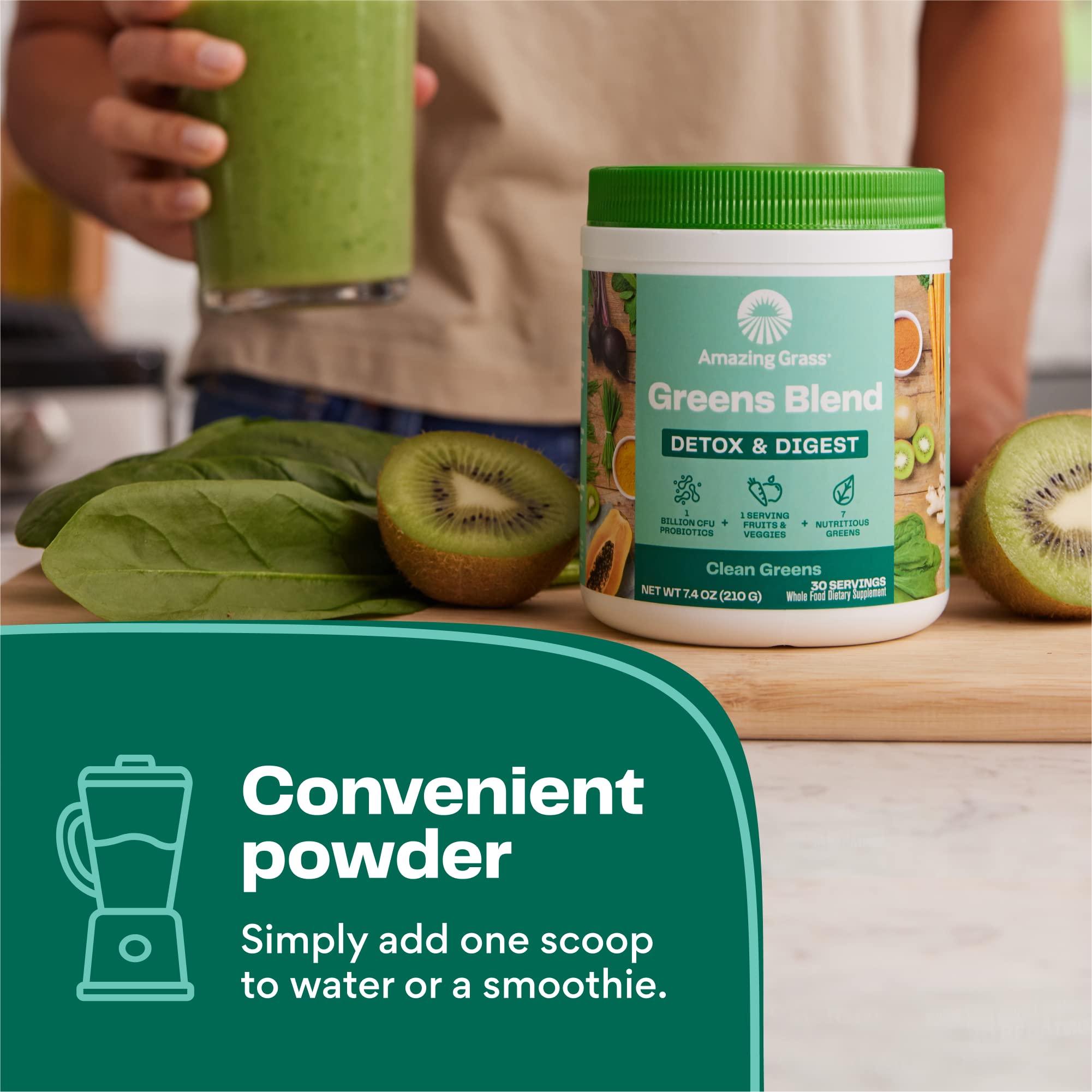 Amazing Grass etiqueta con lista de ingredientes orgánicos y certificaciones