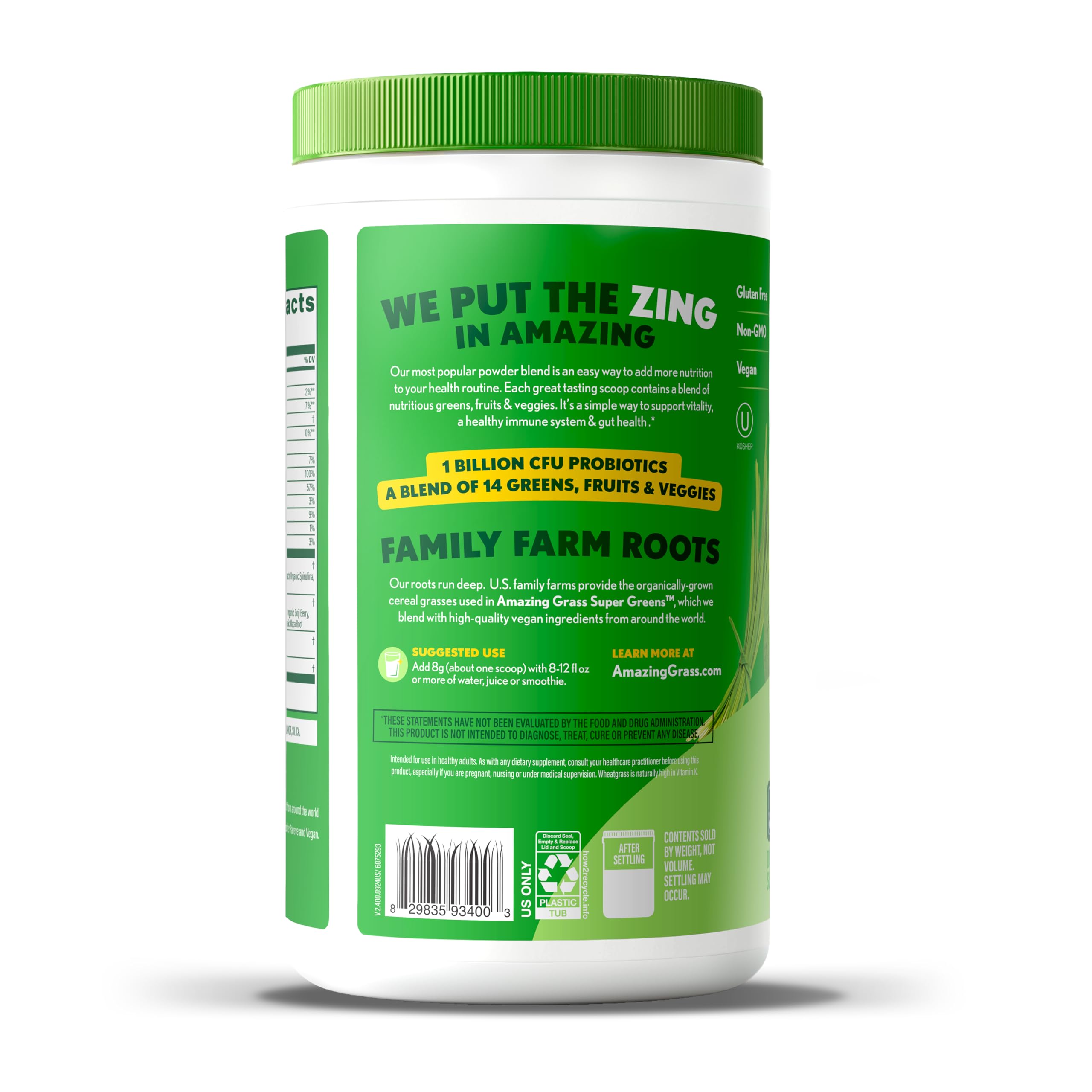 Amazing Grass primer plano de etiqueta que menciona probióticos