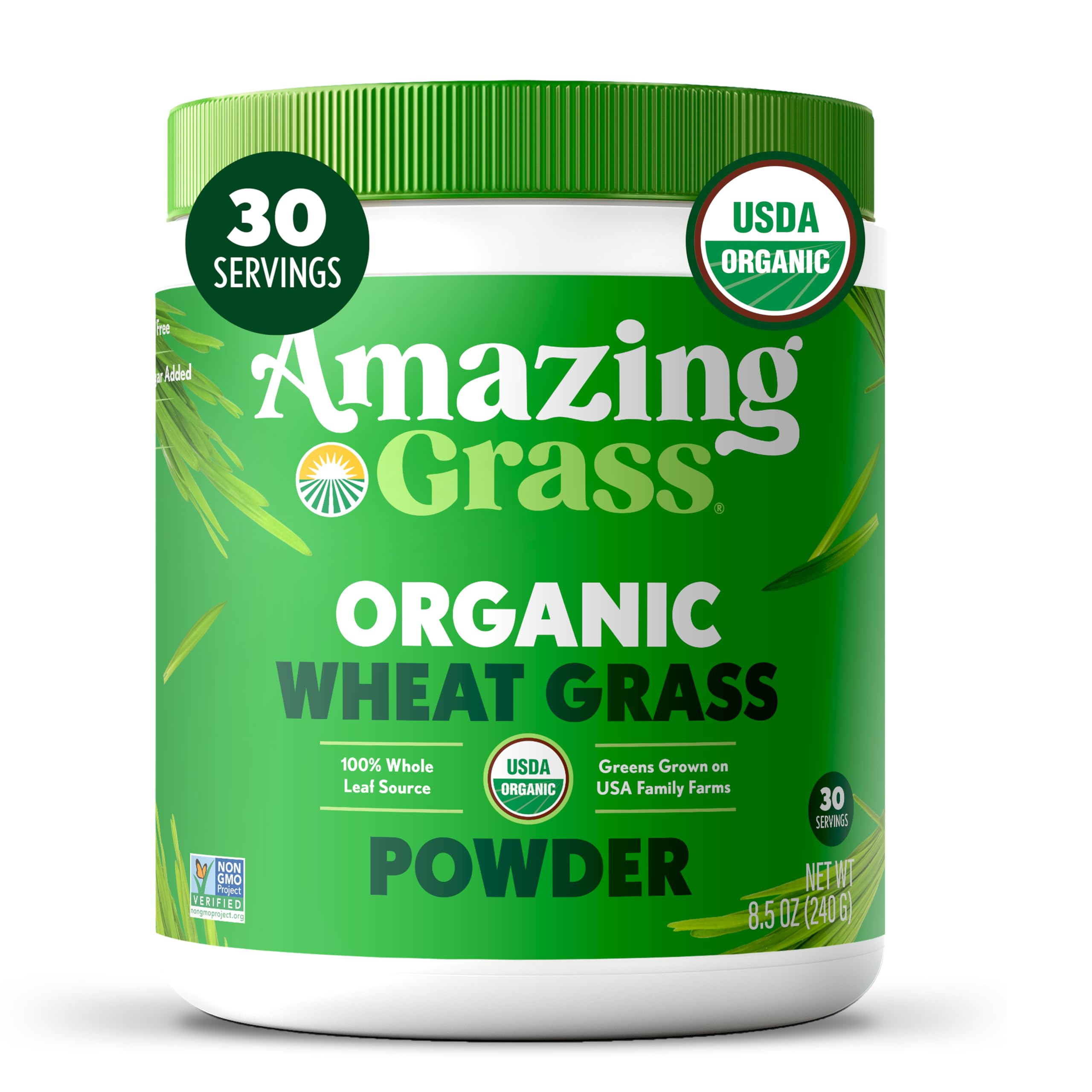 Amazing Grass empaque delantero mostrando 30 porciones y beneficios visibles