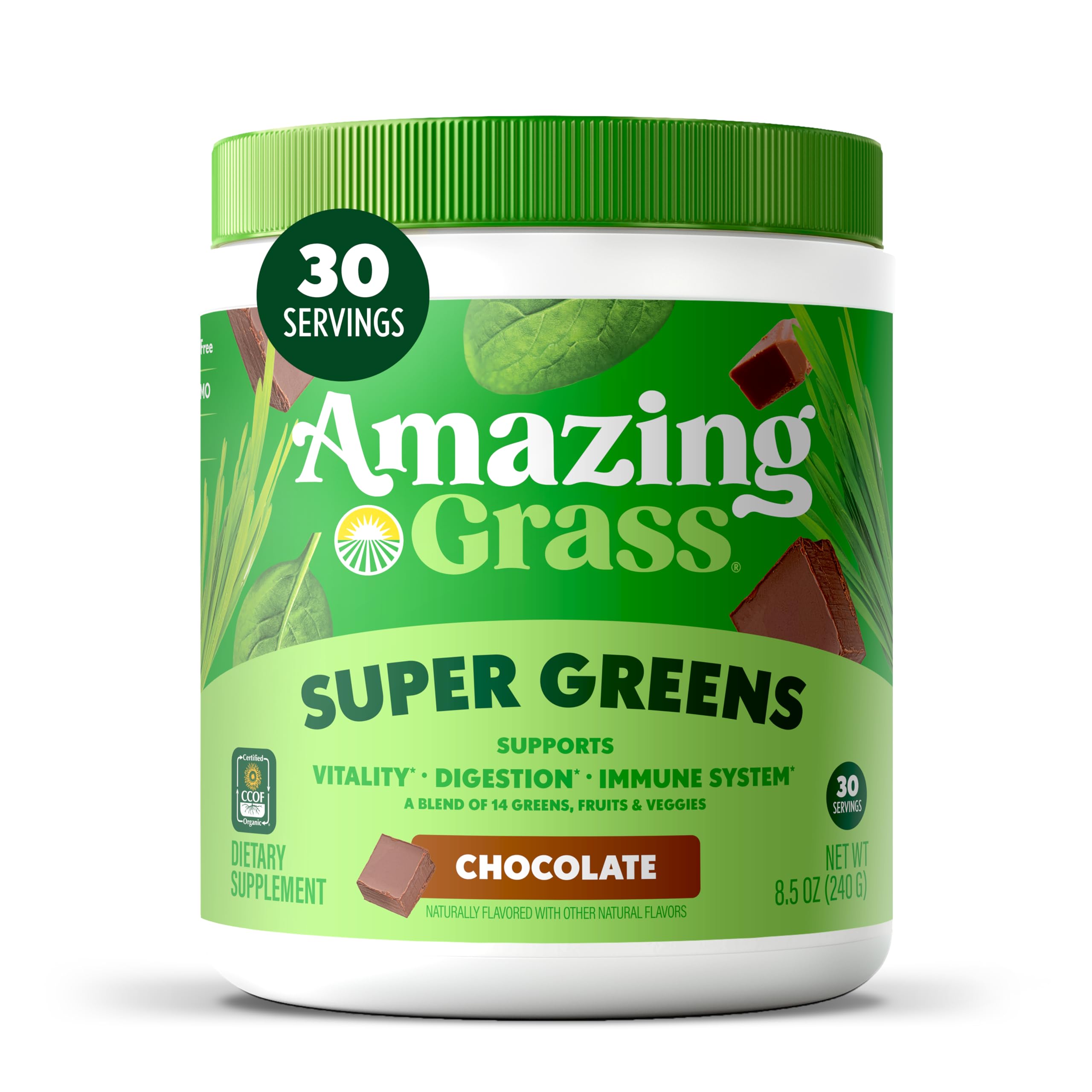 Amazing Grass envase frontal Chocolate mostrando sabor y certificaciones