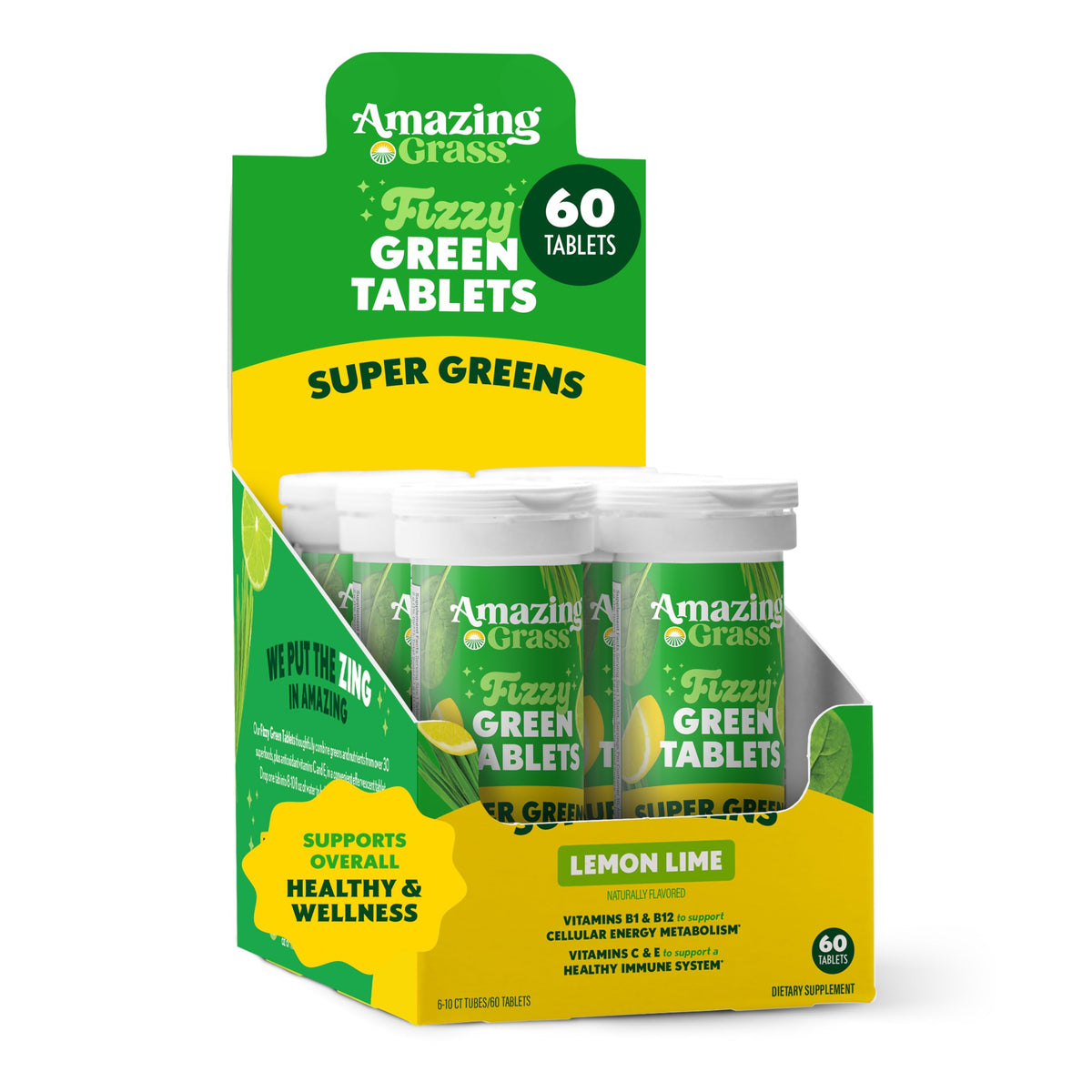 Amazing Grass envase frontal mostrando 60 tabletas, conveniencia diaria