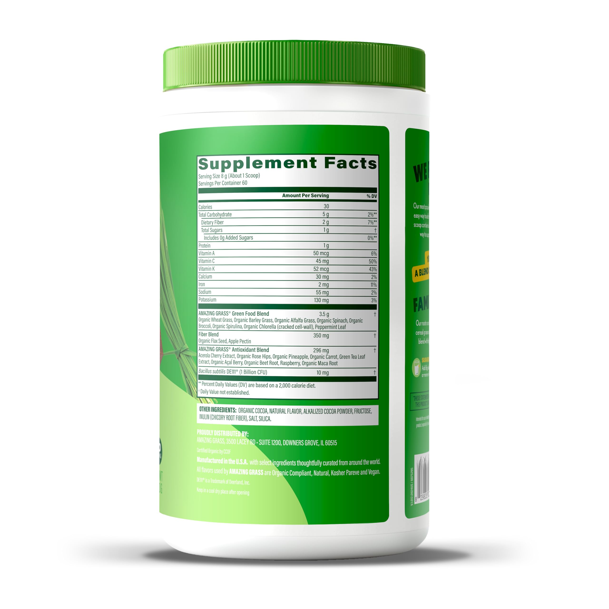 Amazing Grass en desayuno con fruta y vaso, opción nutritiva diaria
