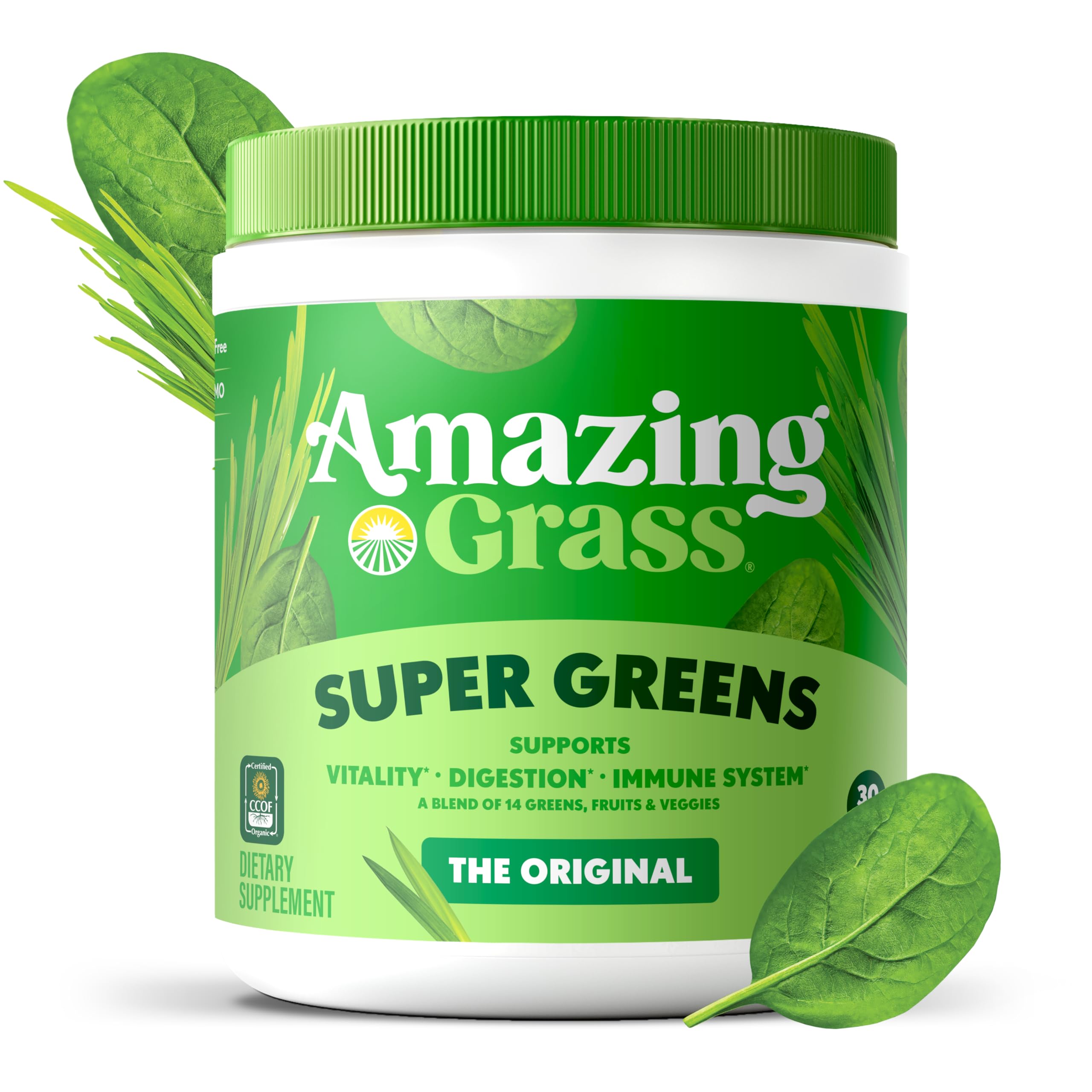 Amazing Grass etiqueta con certificaciones orgánicas y sellos claros