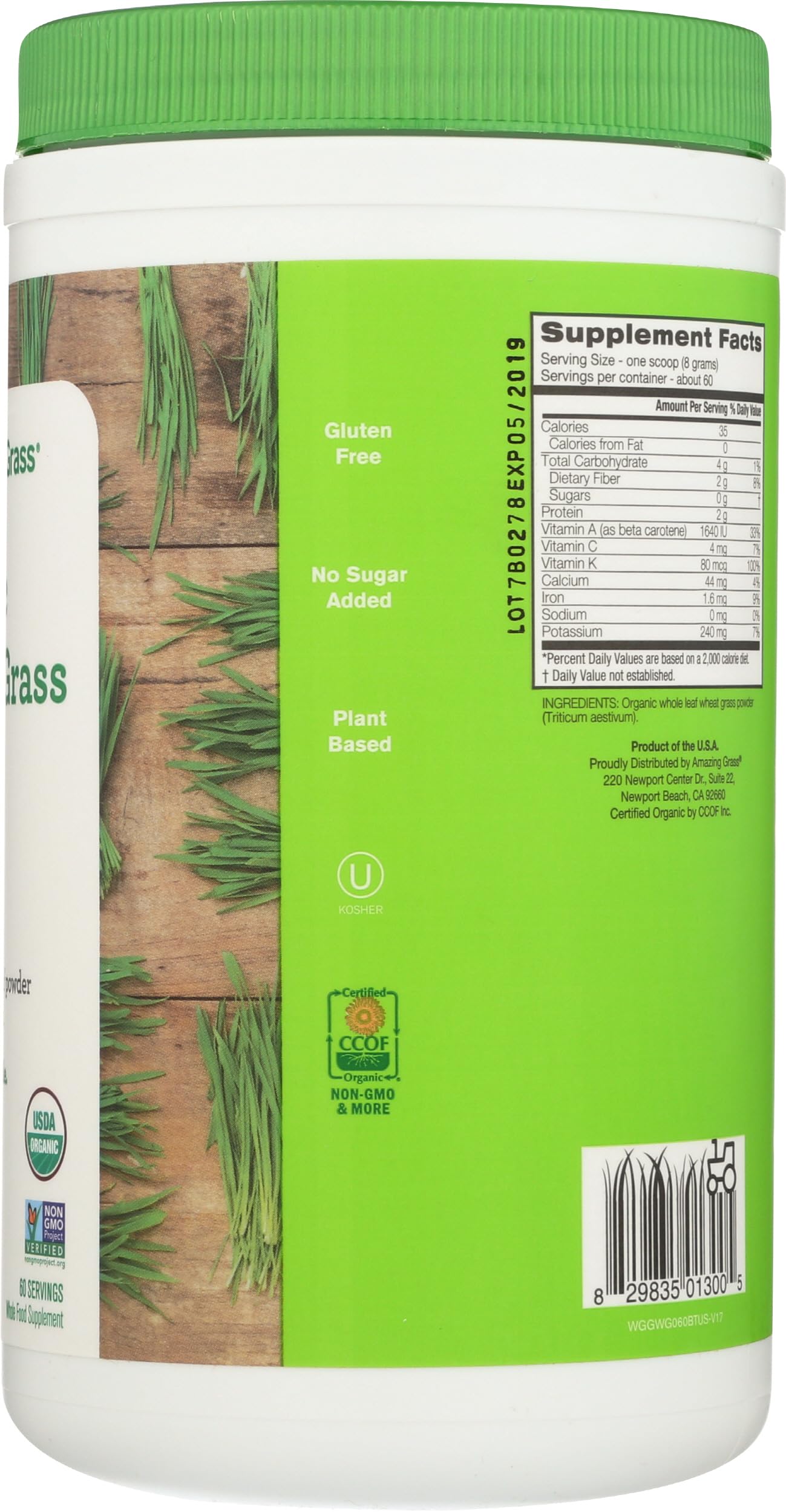 Amazing Grass etiqueta con certificaciones USDA Organic y Non-GMO Verified